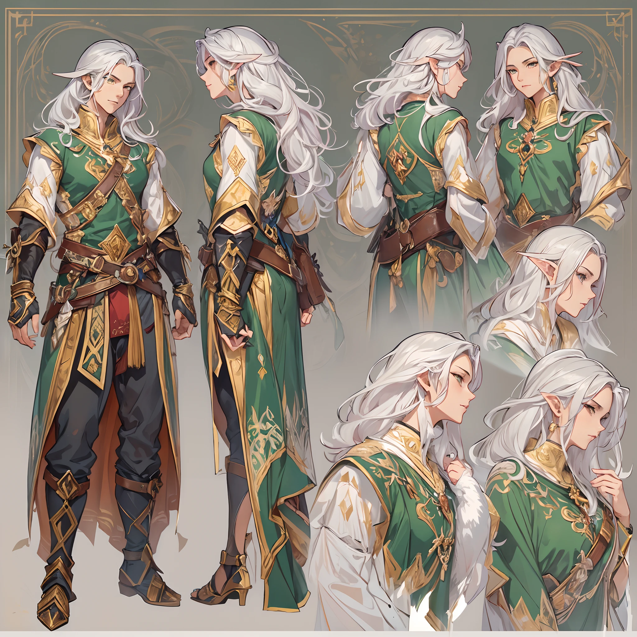 ((Masterpiece, Highest quality)), Detailed face, CharacterDesignSheet, full bodyesbian, Full of details, Multiple poses and expressions, Highly detailed, Depth, Many parts,Male mage,estilo fantasia,Surrounded by flames,Extremely beautiful,High Balance, Natural light, Phoenix decoration,Flame decoration,Mirror 1 male, reference sheet, matching outfits, (Fantasy character design, front angle, Side angle, rear angle) wolfberry, persuasive, Wise. Tall and tall elf, There are muscles,Long silver hair hung down to the shoulders, Pointy ears. with emerald green eyes,Twinkle with a mischievous glow, Burly figure, Dress up in colorful outfits suitable for wandering bards.(Best quality, Masterpiece), 1 adult male, 15 Three-view diagram, frontage、Back and side, character sheets,full bodyesbian,Simple background