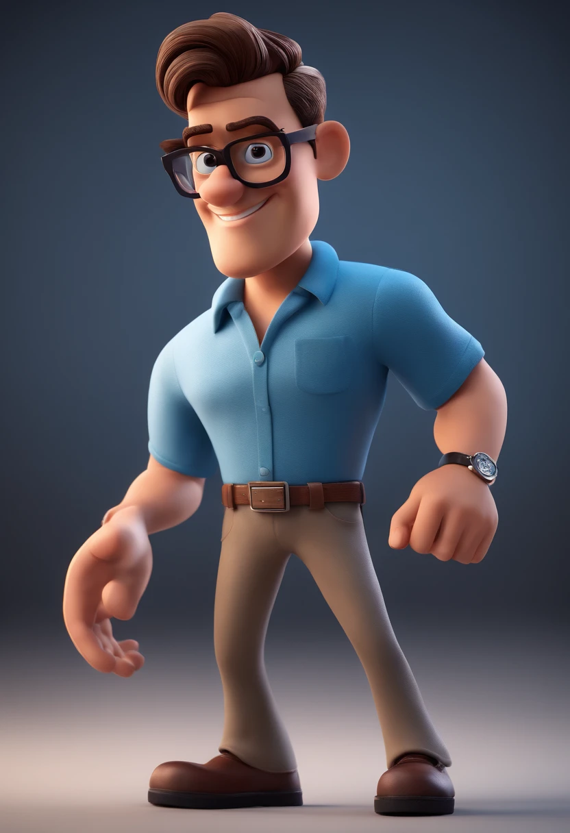 Cartoon character of a man with black glasses and a blue shirt, animation character, Caractere estilizado, animation style rendering, 3D estilizado, Arnold Maya render, 3 d render stylized, toon render keyshot, Personagem 3D, Personagem 3D, 3d rendering stylized, 3 d character render, personagem de desenho animado, Personagem de close up, Pose de personagem,  (Estilo Pixar) (master part:1.2) (Bokeh) (best quality) (pele detalhada) (textura detalhada) (8k) (argila) (Cinematic lighting) (foco nítido