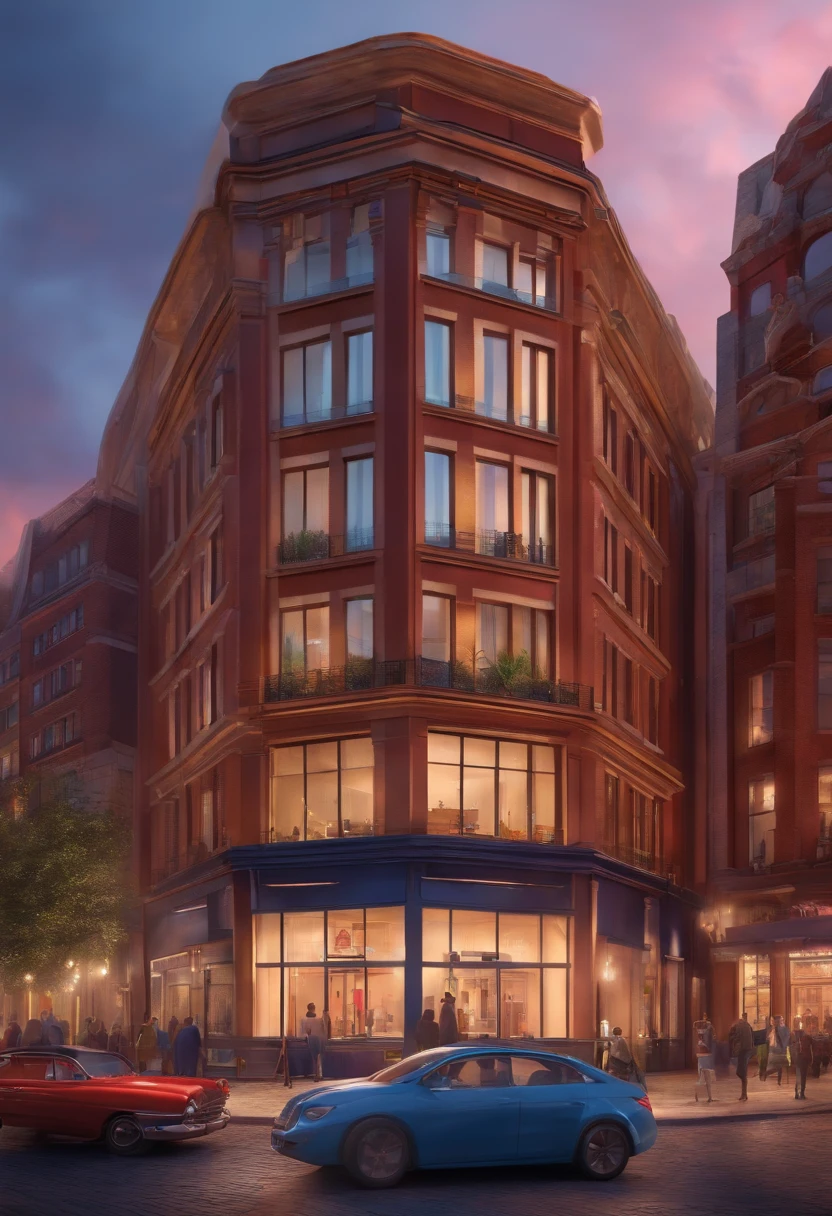 Pixar 3D-style drawing of a slimming clinic in the city center with a character in the foreground