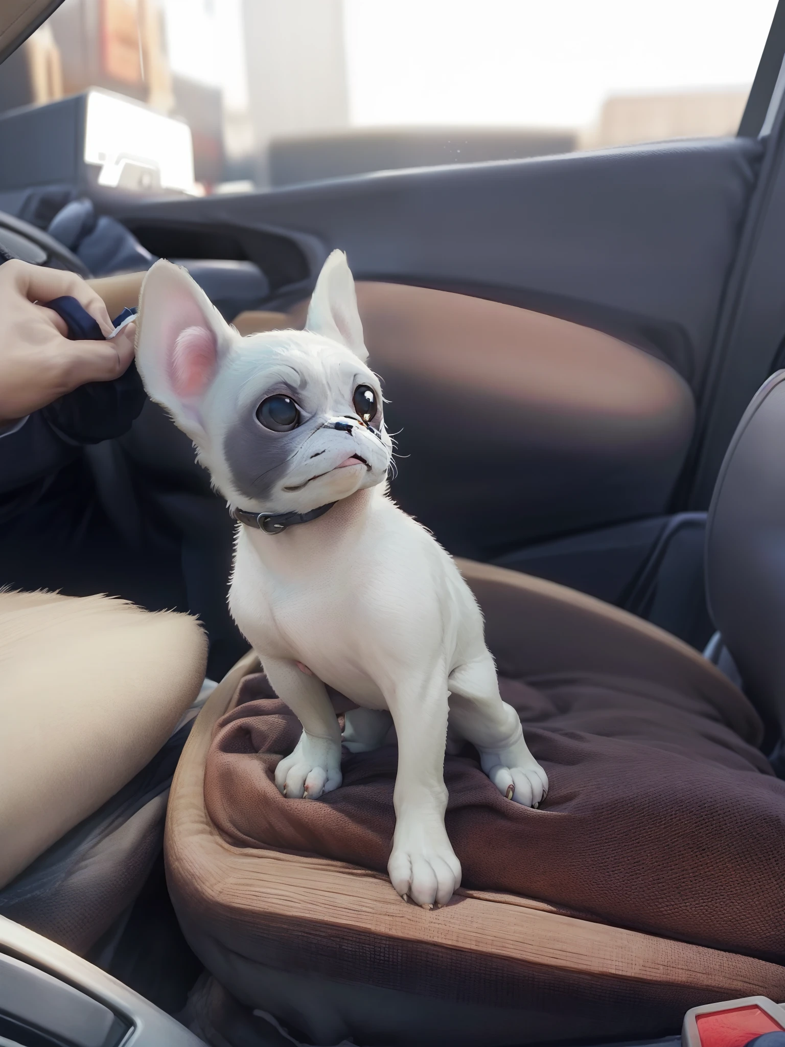 Puppy sitting in the seat of a car with a black and white dog, french bulldog, sentada em seu carro, Tomado com Sony Alpha 9, Directed by: Joseph Pisani, French Noveau, Directed by: Matt Cavotta, Directed by: Tom Wänerstrand, ela tem um rosto expressivo bonito, puppy, orelhas pontiagudas eclodidas, orgulhoso olhando para longe, olhando para o lado