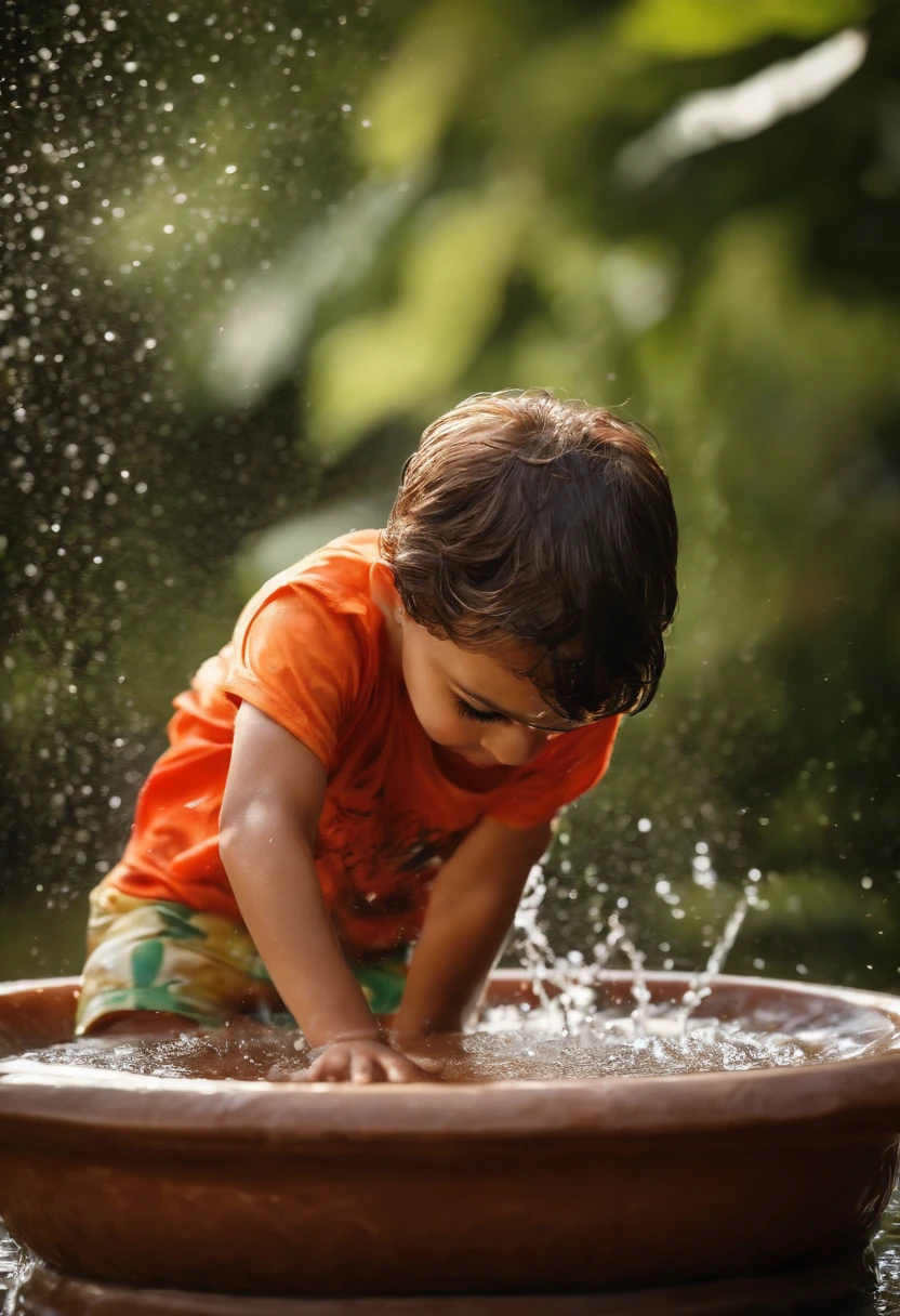 Generate an Image of a boy is sinking to water and he is try to escape from it.