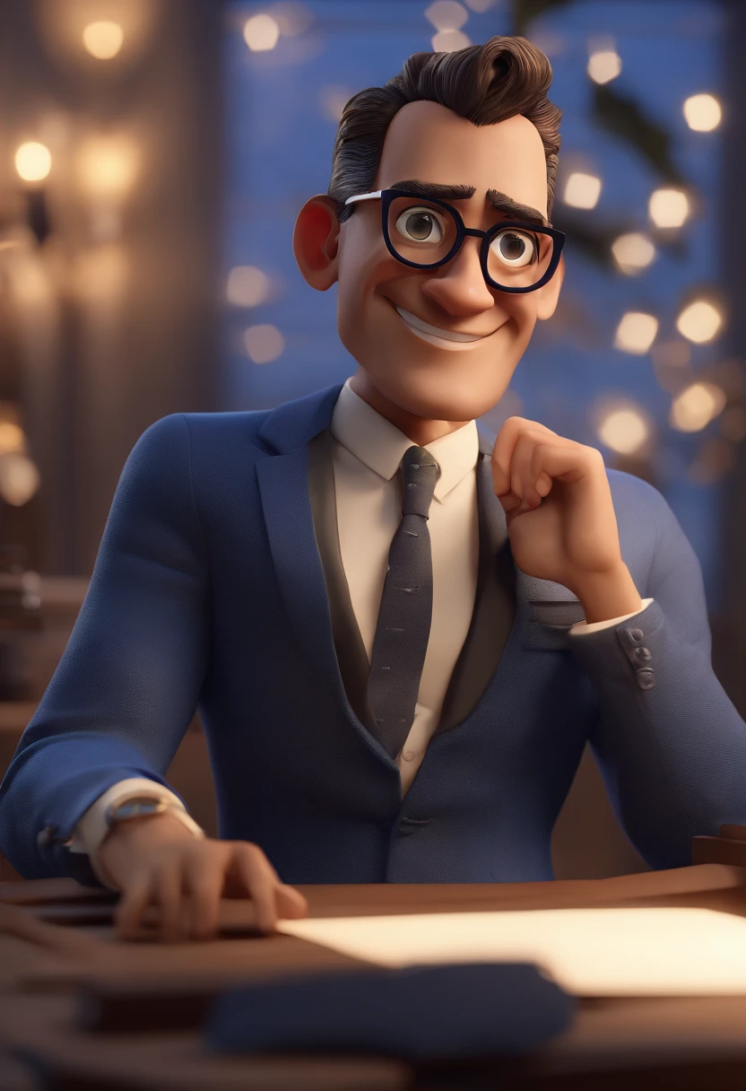 Cartoon character of a man with black glasses and a blue shirt, animation character, Caractere estilizado, animation style rendering, 3D estilizado, Arnold Maya render, 3 d render stylized, toon render keyshot, Personagem 3D, Personagem 3D, 3d rendering stylized, 3 d character render, personagem de desenho animado, Personagem de close up, Pose de personagem, (Estilo Pixar) (master part:1.2) (Bokeh) (best quality) (pele detalhada) (textura detalhada) (8k) (argila) (Cinematic lighting) (foco nítido