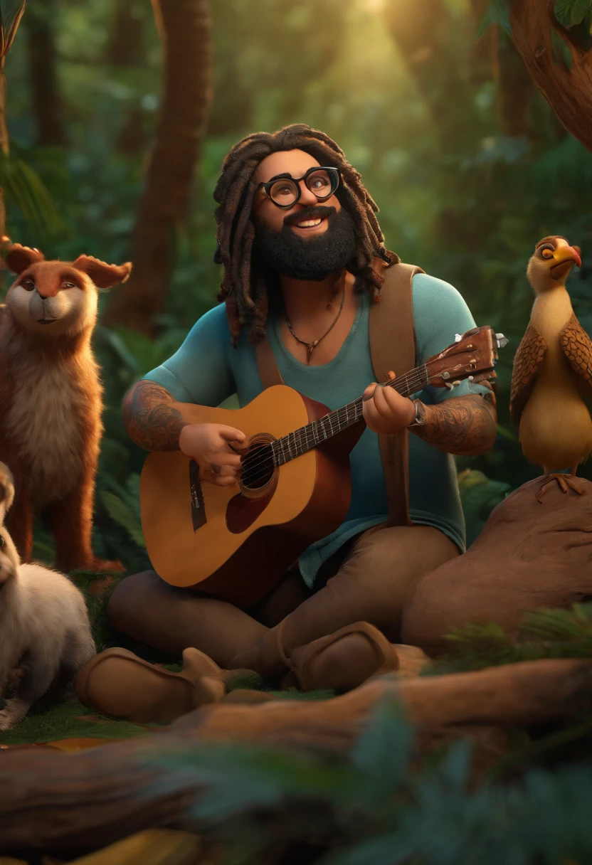 Imagem 3D inspirado na Pixar, Homem de 30 anos, arabic, com algumas tatuagens, hippie com dreads, Beard and glasses, With a maracá instrument in his hand, He's happy singing in a forest full of animals.