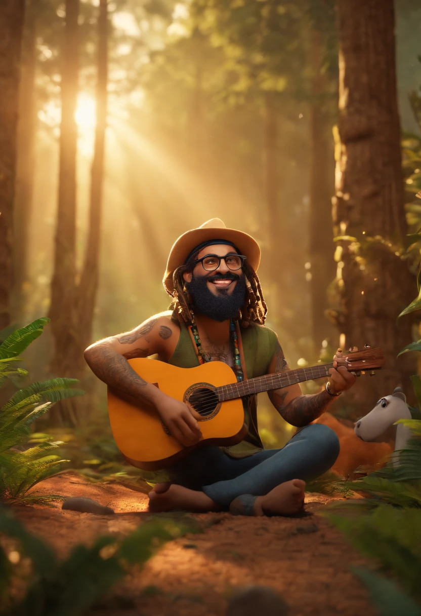 Imagem 3D inspirado na Pixar, Homem de 30 anos, arabic, com algumas tatuagens, hippie com dreads, Beard and glasses, With a maracá instrument in his hand, He's happy singing in a forest full of animals.