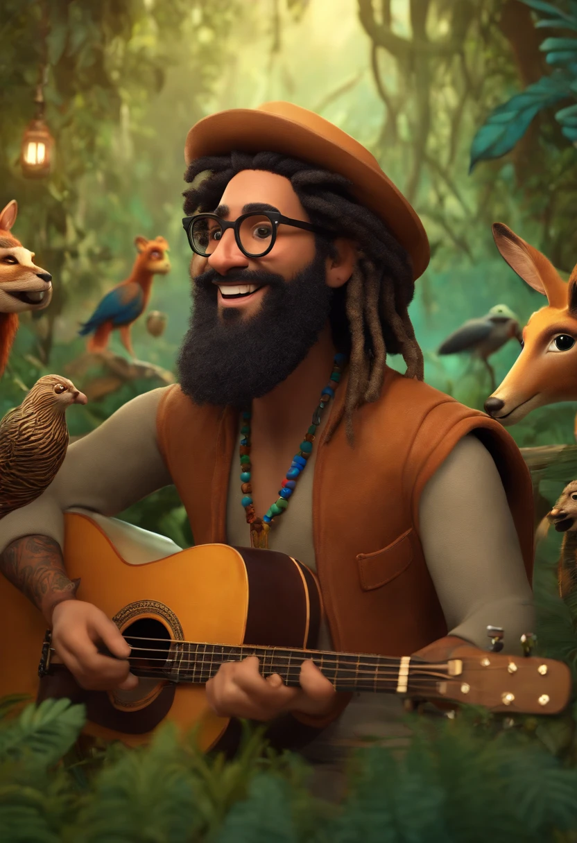 Imagem 3D inspirado na Pixar, Homem de 30 anos, arabic, com algumas tatuagens, hippie com dreads, Beard and glasses, With a maracá instrument in his hand, He's happy singing in a forest full of animals.