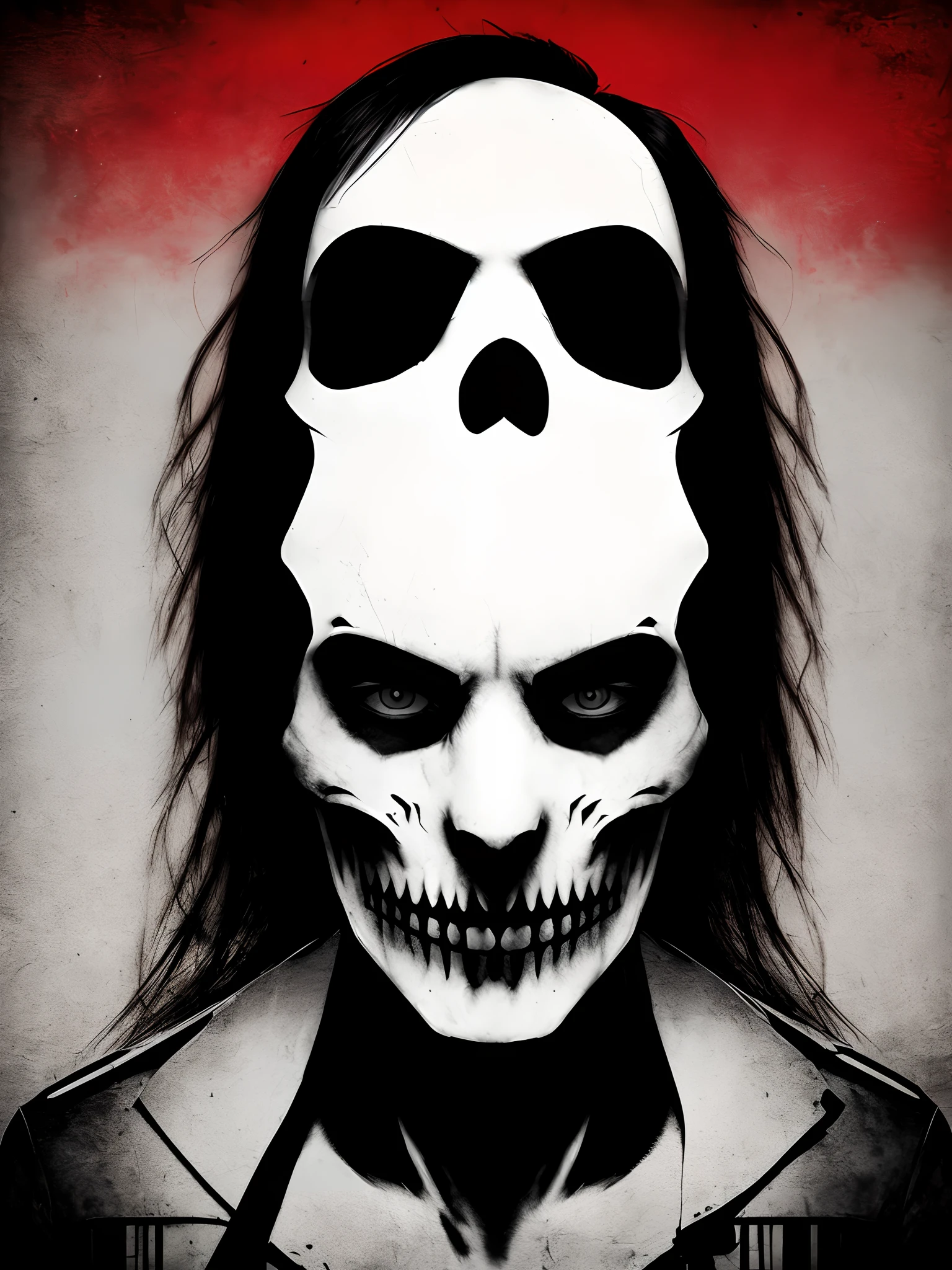 (monster scull:1.1), close up, realistic, hair, scar on forehead, black and white, (a man:1.3), detailed, (intricate details:1.3), hyper realistic, red eyes, lips, (evil:1.3)