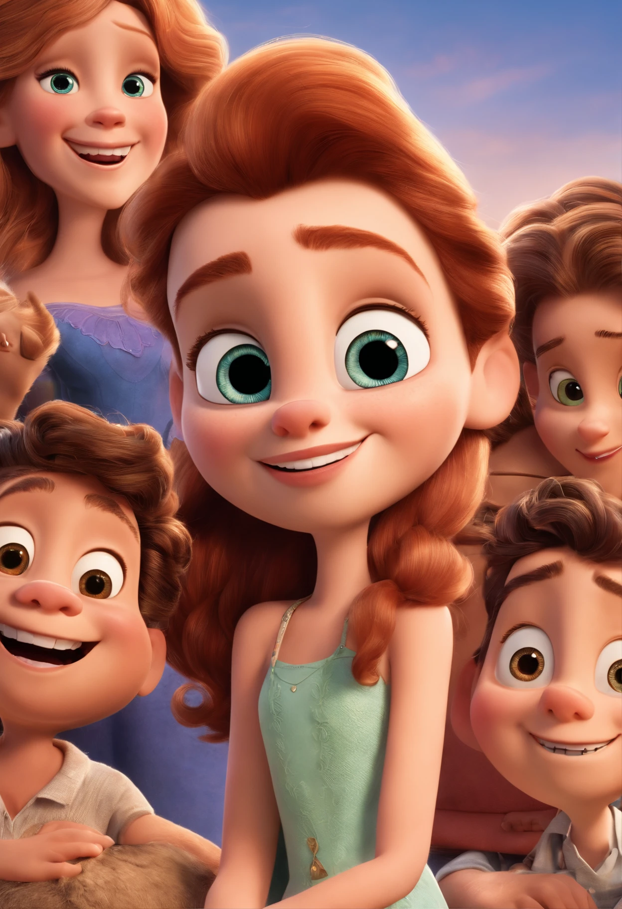 a Disney Pixar movie poster showing a white-skinned family. The father is the tallest, Tem barba curta, cabelos castanhos, curtos. The mother has brown eyes and hair, shoulder-length and is slightly overweight. A menina tem 15 anos e cabelos castanhos e soltos, vestido azul florido . The background is a beach garden. 3D-rendering