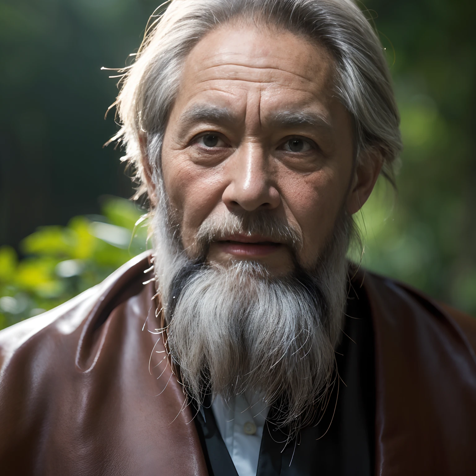Portrait photography style,A masterpiece of the world,Ultra-unique, highly professional digital art,Film format,Hyper-realistic,Color motion picture film photography with ultra-fine detail and quality,The background is deep in the forest,An old man in China,A wise old man。He wears an old cape,Long white beard,The eyes are kind and shrewd。His skin had been blackened and powerful by the sun and rain,Wrinkles are fixed on the corners of the mouth and forehead,It seems that his years have precipitated。Wearing a dark gown, although the appearance is simple,But it exudes sublime wisdom and a sense of tenacity of strength,stunning portrait,old man portrait