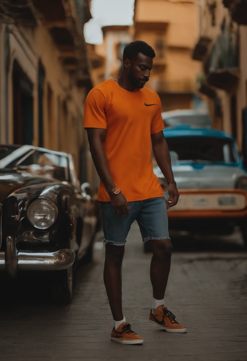 Homem negro, careca, olhos castanhos, orange shirt from Gerando Falcões and denim shorts and black sneakers from Nike