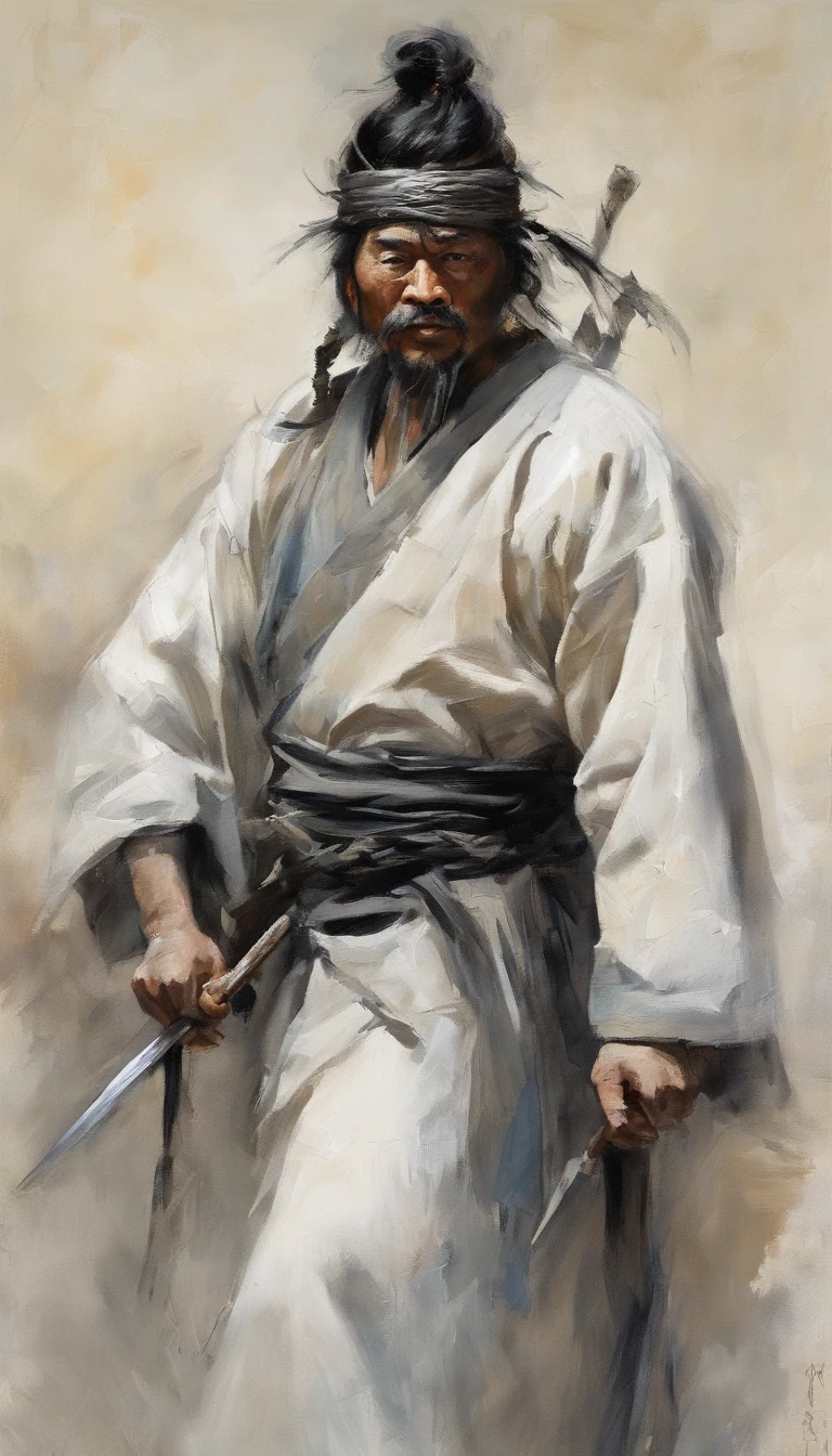 middle aged man, Evil painting style, A high resolution, Black color hair, Half is the body of a demon,Half a demon face, Chinese Warrior, Delicate three-dimensional blue flame demon face, sbeard, Wearing a hat, Expression of anger, Perfect body proportions, kaftan, Black and white robes, A scabbard hangs from his waist, Handsome, Full body view, standing on your feet, (White background:1.3), swordsman, He held a long knife that was wide and heavy in his hand。。。。, Face the lens, (Blackn clothes:0.8), High detail, Masterpiece, ccurate, Anatomically correct, Textured skin