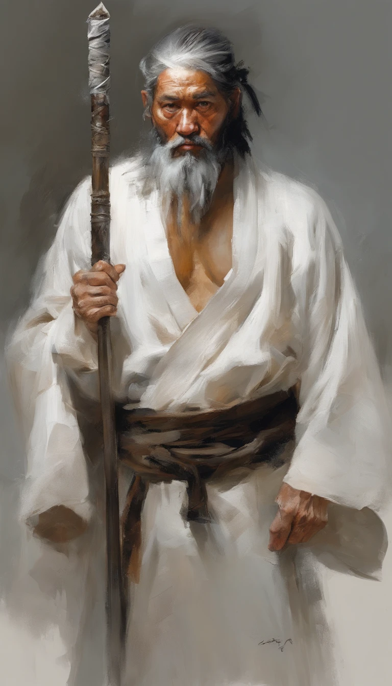 middle aged man, Evil painting style, A high resolution, Black color hair, Half is the body of a demon,Half a demon face, Chinese Warrior, Delicate three-dimensional blue flame demon face, sbeard, Wearing a hat, Expression of anger, Perfect body proportions, kaftan, Black and white robes, A scabbard hangs from his waist, Handsome, Full body view, standing on your feet, (White background:1.3), swordsman, He held a long knife that was wide and heavy in his hand。。。。, Face the lens, (Blackn clothes:0.8), High detail, Masterpiece, ccurate, Anatomically correct, Textured skin