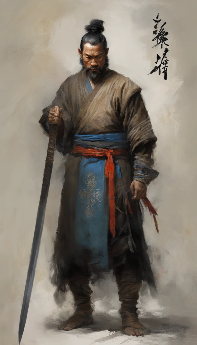 middle aged man, Evil painting style, A high resolution, Black color hair, Half is the body of a demon,Half a demon face, Chinese Warrior, Delicate three-dimensional blue flame demon face, sbeard, Wearing a hat, Expression of anger, Perfect body proportions, kaftan, Black and white robes, A scabbard hangs from his waist, Handsome, Full body view, standing on your feet, (White background:1.3), swordsman, He held a long knife that was wide and heavy in his hand。。。。, Face the lens, (Blackn clothes:0.8), High detail, Masterpiece, ccurate, Anatomically correct, Textured skin