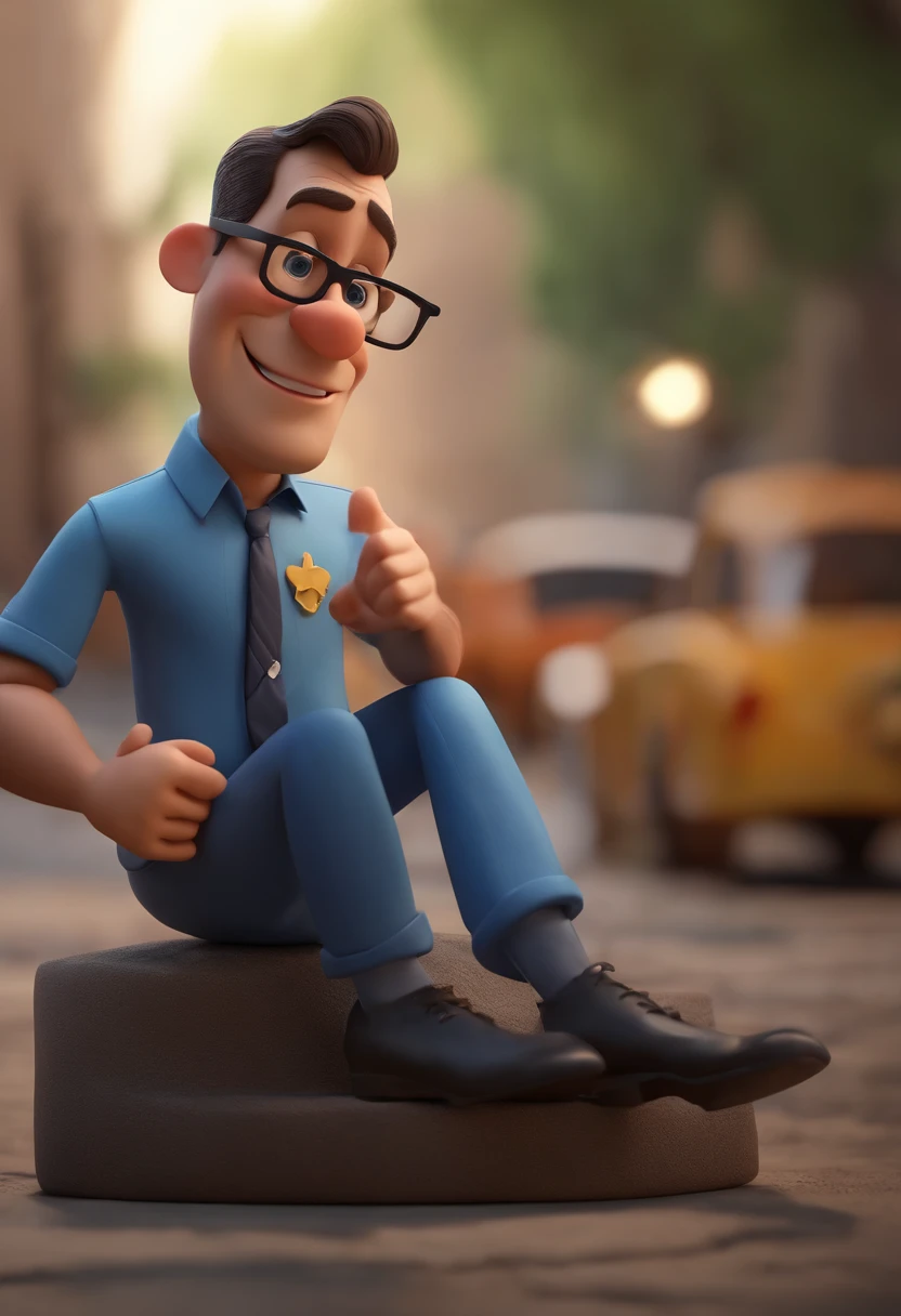 Cartoon character of a man wearing black glasses and a blue shirt, um personagem animado, Caractere estilizado, animation style rendering, 3D estilizado, Arnold Maya render, 3 d render stylized, toon render keyshot, Personagem 3D, Personagem 3D, 3d rendering stylized, 3 d character render, personagem de desenho animado, Personagem de close up, Pose de personagem, (Estilo Pixar) (master part:1.2) (Bokeh) (best quality) (pele detalhada) (textura detalhada) (8k) (argila) (Cinematic lighting) (foco nítido,Senta e vaza a parte superior do corpo