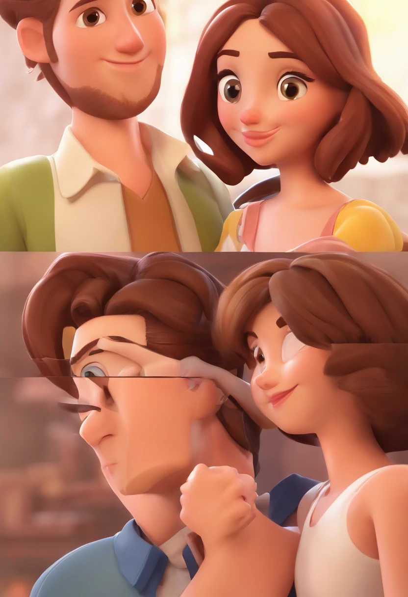 An illustration of an adorable couple, destacando um homem e uma mulher com bonito, Expressive eyes – the man's hair short and brown, while the woman's hair is curly and brown. They are a bright room, cada um com um sorriso no rosto, e compartilhar um momento especial caracterizado pelo amor, arroz, e insights educacionais. Illustrate this scene from a perspective where they are facing away from the camera, Showing Your Connection. Desenvolva esta arte em Full HD, Focus on your cinematic touch, Estilo Disney Pixar Animations