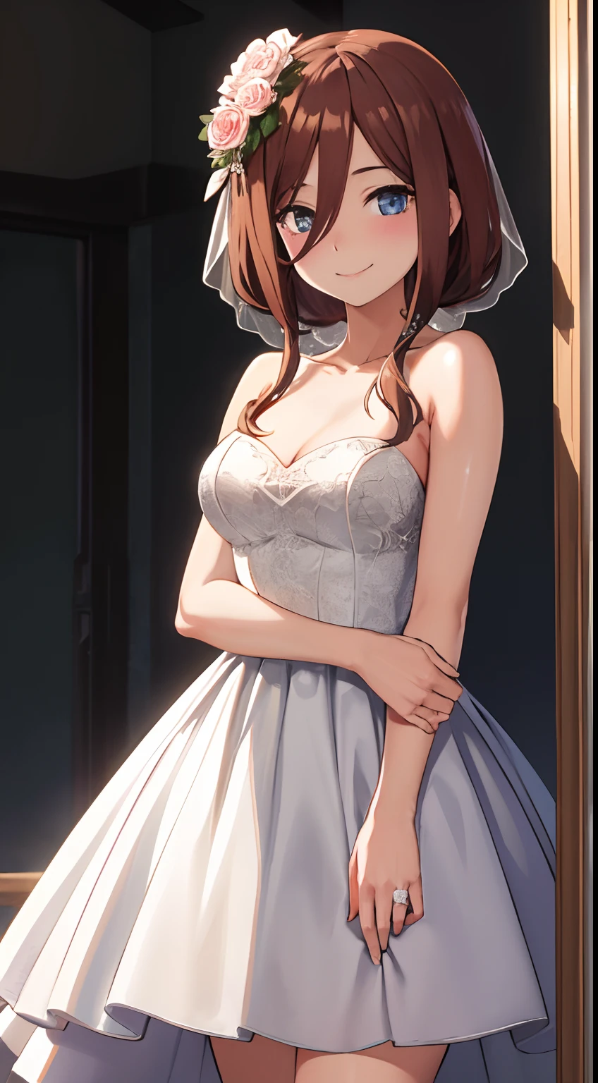 Masterpiece,best quality,Kousaka honoka, blue eyes, white wedding dress, from behind, looking back at viewer, smile, energetic pose