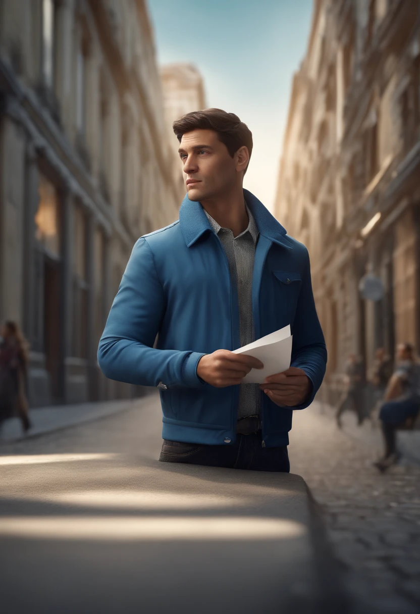Man in blue jacket holding a piece of paper, semi-realistic rendering, 3 d render stylized, animation style rendering, 3d rendering stylized, stylized as a 3d rendering, promotional render, Artista CG, realista estilo 3d, super detailed rendering, toon render keyshot, animation character, estilo de arte fotorrealista, cena detalhada