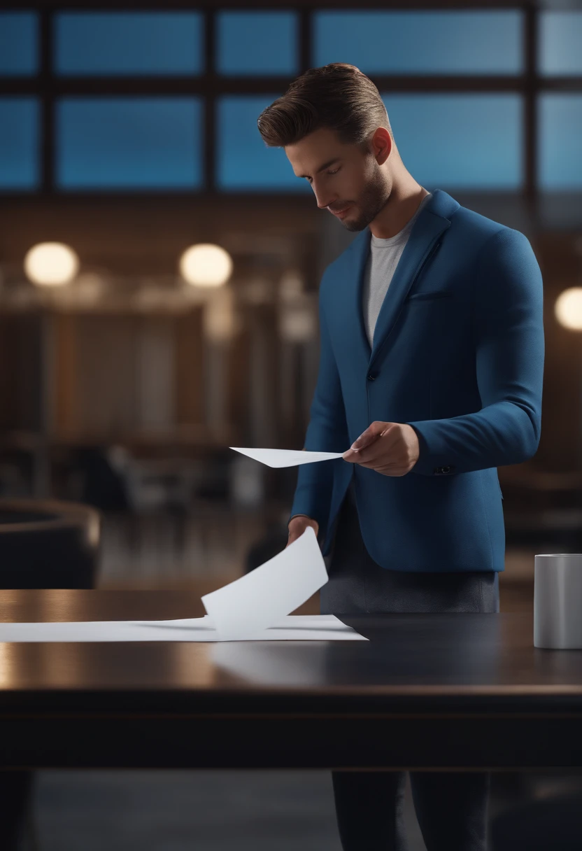 Man in blue jacket holding a piece of paper, semi-realistic rendering, 3 d render stylized, animation style rendering, 3d rendering stylized, stylized as a 3d rendering, promotional render, Artista CG, realista estilo 3d, super detailed rendering, toon render keyshot, animation character, estilo de arte fotorrealista, cena detalhada