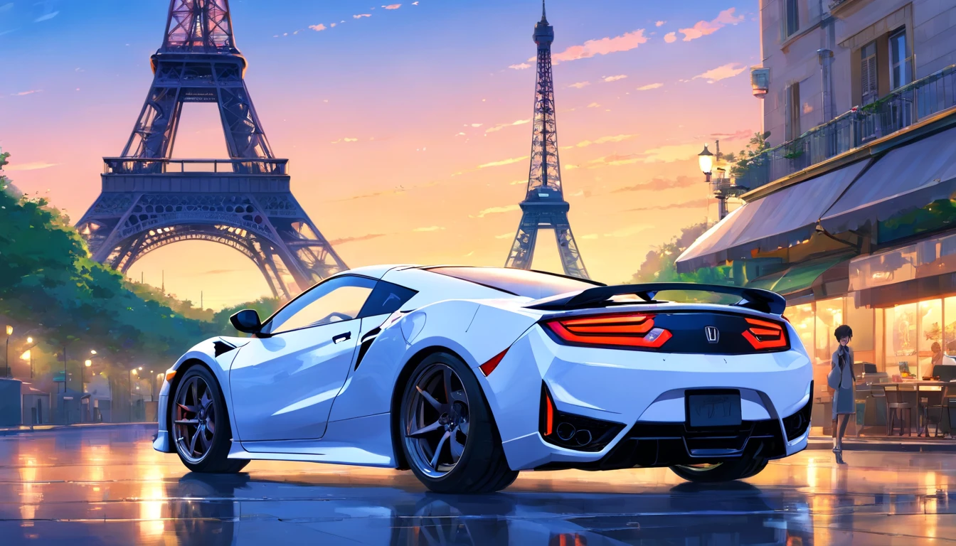 Honda NSX white 1990, behind the Eiffel Tower