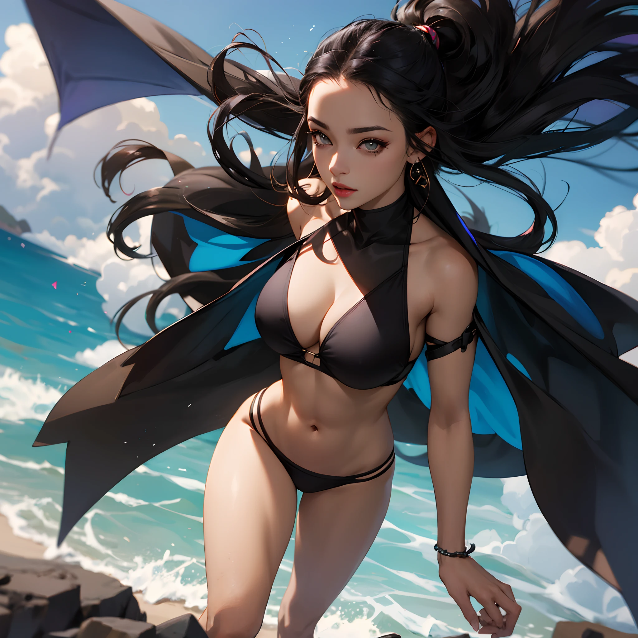 peituda (mulher brasileira, pele negra, olhos negros:1.1), seminua, Bikini Clothes, master part, 4k, HDR, High detail