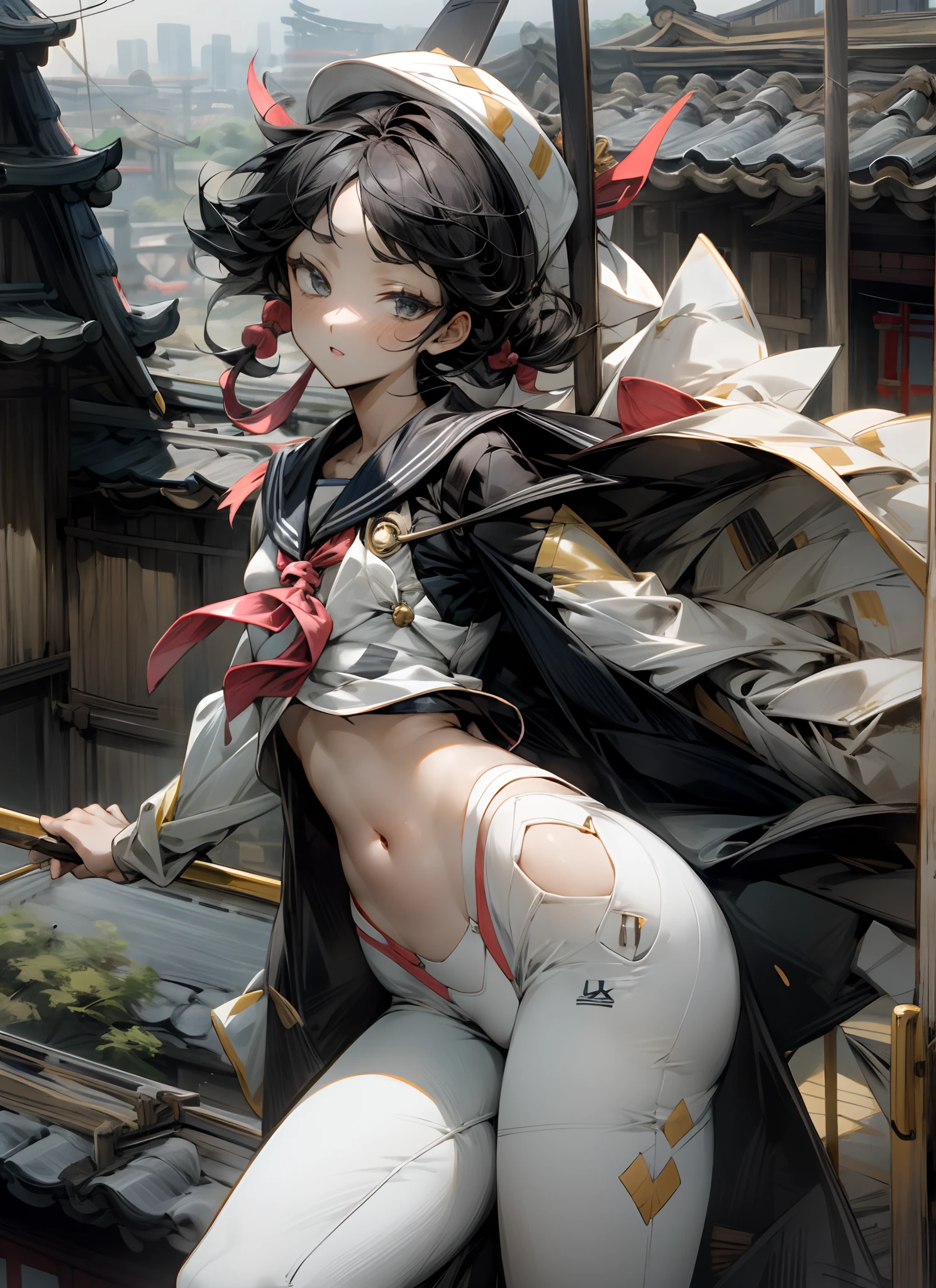 japanes　a sailor suit　a navel　On the rooftop