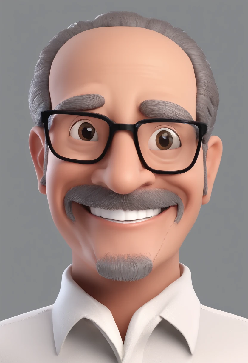 Smiling Man Illustration, sorriso insano, Homem de pele marrom com um sorriso gigante, happily smiling at the camera, sorriso atrevido, grey beard, thinning hair, thick glasses, he's smiling, sorriso muito grande, Macho sorridente, foto de perfil headshot, rindo sorriso enorme, desenhando no estilo de Arte 3D, c4d, fundo de cor branco puro, estilo disney, estilo pixar render ilustracao Super Detalhe, 8k