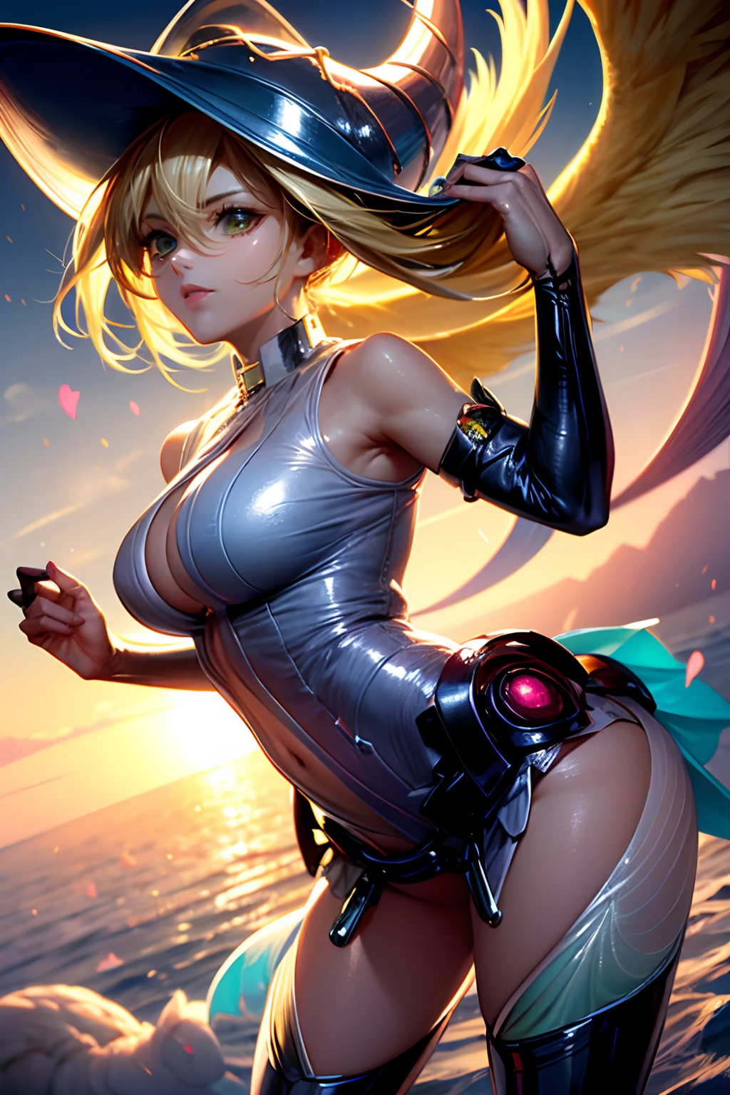 (Obra maestra:1.2), (La mejor calidad:1.2), Perfect lighting, Chica Maga Oscura lanzando un hechizo, flotando en el aire, tetas grandes, escote, fondo de magia. Corazones transparente en el hambiente, blue robe, sombrero grande, desde arriba, Destellos, Yugioh Card en el fondo