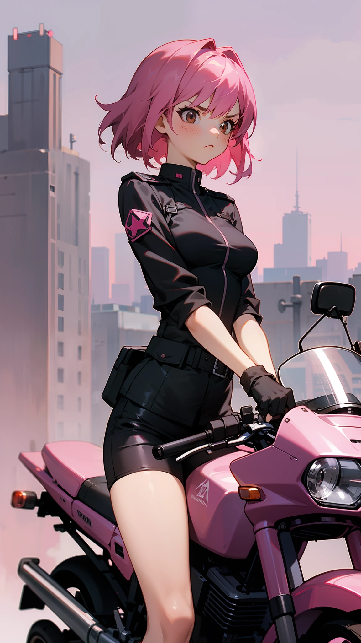 1girl, serious face,medium breasts,black shirt,black shorts,pink hair,medium hair,brown eyes,riding a powerful military-style pink motorcycle,((city background))