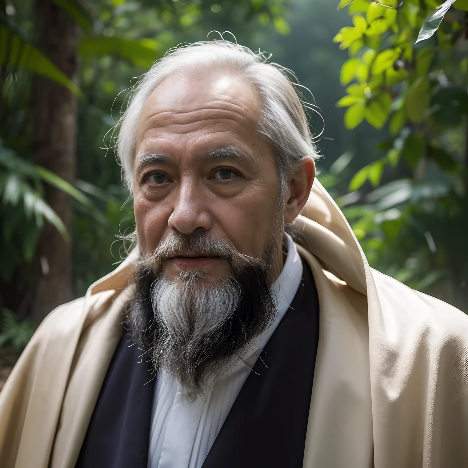 Portrait photography style,A masterpiece of the world,Ultra-unique, highly professional digital art,Film format,Hyper-realistic,Color motion picture film photography with ultra-fine detail and quality,The background is deep in the forest,An old man in China,A wise old man。He wears an old cape,Long white beard,The eyes are kind and shrewd。His skin had been blackened and powerful by the sun and rain,Wrinkles are fixed on the corners of the mouth and forehead,It seems that his years have precipitated。Wearing a dark gown, although the appearance is simple,But it exudes sublime wisdom and a sense of tenacity of strength,stunning portrait,old man portrait