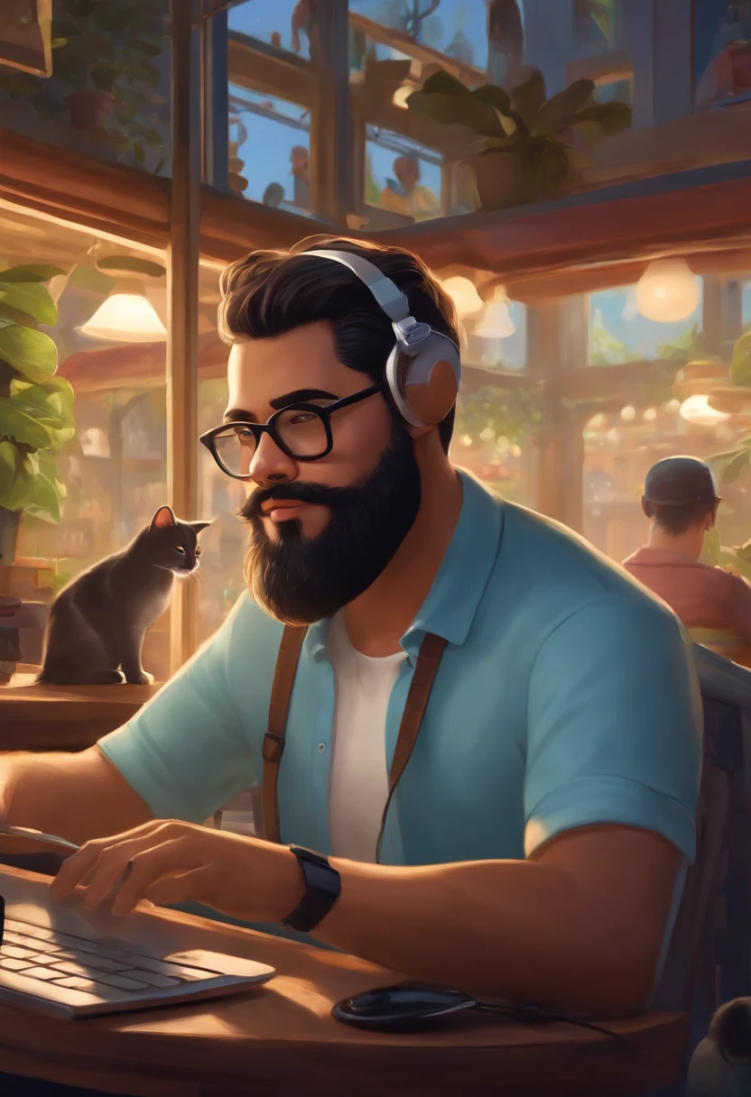 disney pixar poster film titled "Leo", javanese man with full beard, wearing black moscot glasses, light blue polo shirt, cat and dog logo on the shirt, sit in a cafe listening to the music through headset while typing on windows surface laptop
