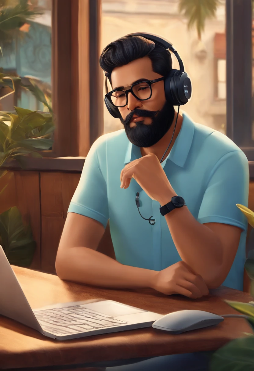 disney pixar poster film titled "Leo", javanese man with full beard, wearing black moscot glasses, light blue polo shirt, cat and dog logo on the shirt, sit in a cafe listening to the music through headset while typing on windows surface laptop