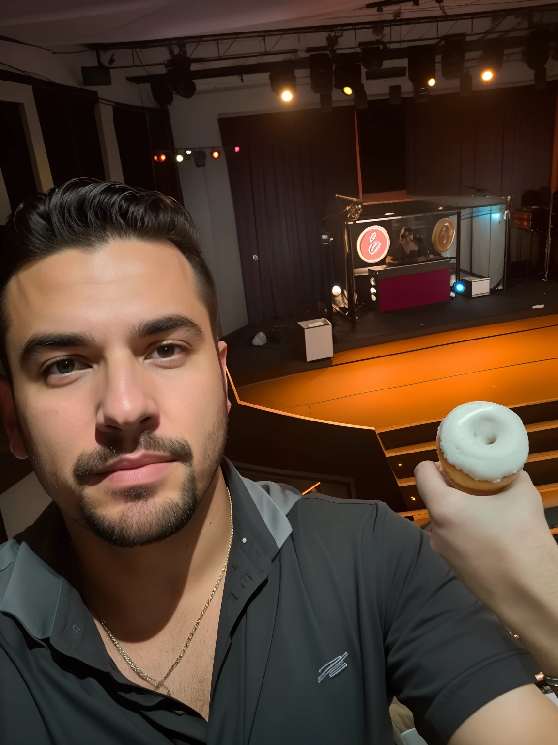 There's a man sitting at a table with a doughnut in his hand, big head on stage, imagem de perfil, no palco, em um palco, taken in the early 2020s, no palco, in the nighttime, me, em um palco vazio de cima, Jean Deville, foto de perfil, foto de perfil, Directed by: Milton Menasco, audience selfie