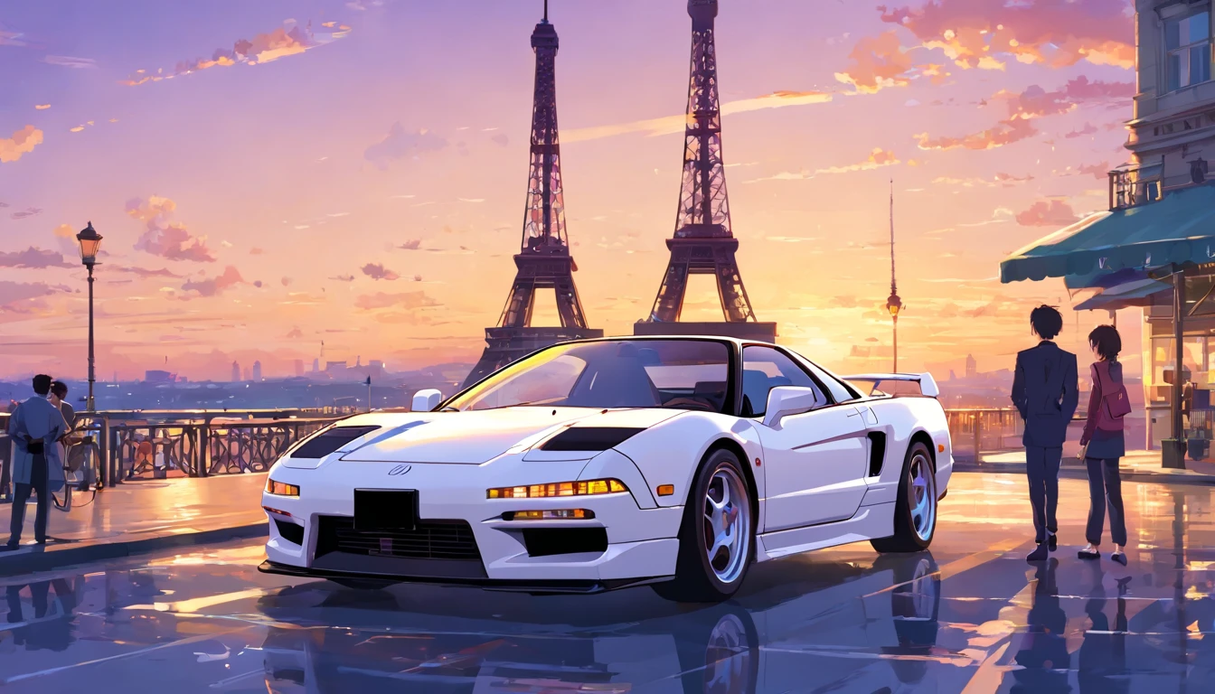 Old Honda NSX white 1990, behind the Eiffel Tower