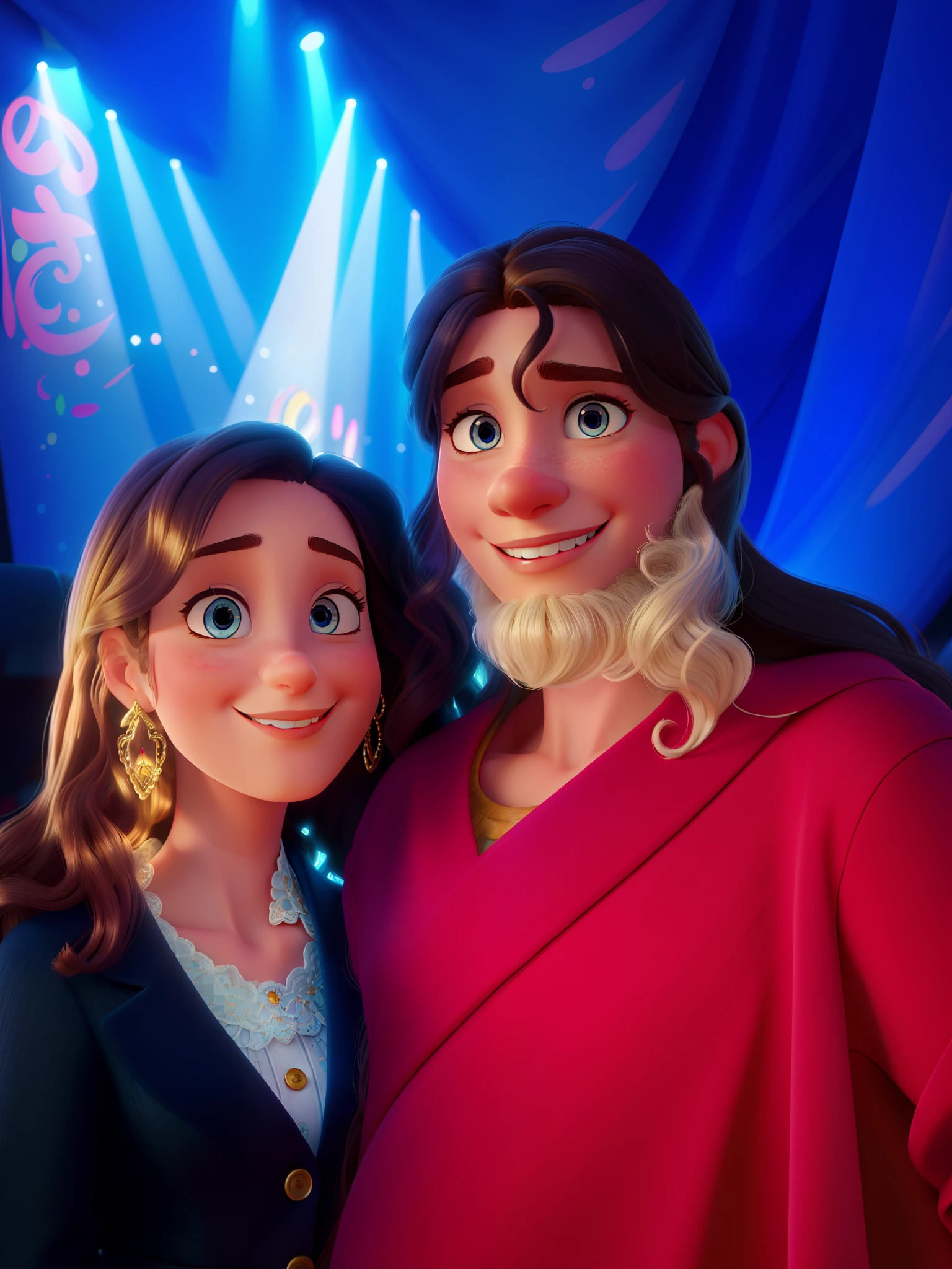 (high res, best quality),animated realistic portrait,disney pixar style,detailed curly long hair for the dark-haired man,detailed long straight hair for the blonde woman,detailed blue eyes for the woman,stylish clothing,positive and joyful expressions on their faces,colorful background with vibrant tones,soft and warm lighting.