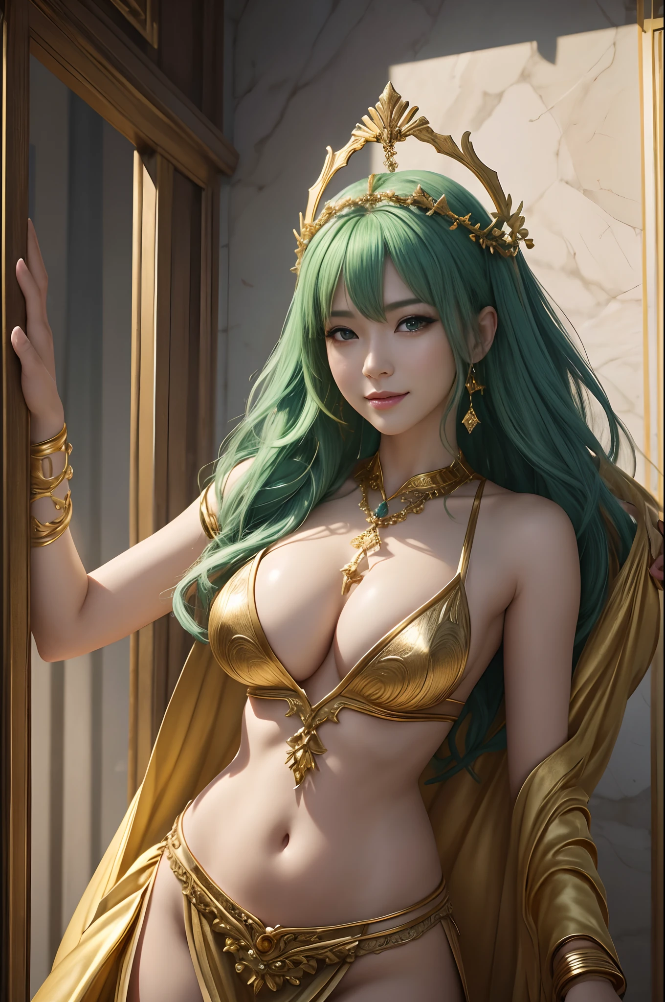 8K、The highest quality of photorealistic RAW photos。1.4)(adult lady<>a person) Super beauty(Lifelike face) Mature woman with purple mohawk、Ethereal、goddes、large full breasts、vivd colour、Gold and White Goddess Costume,white greek peplos、Golden hair、The perfect female figure、a smile、trending on artstationh、​masterpiece、8K分辨率、Fantasyart、超A high resolution,real looking skin,Golden decoration,