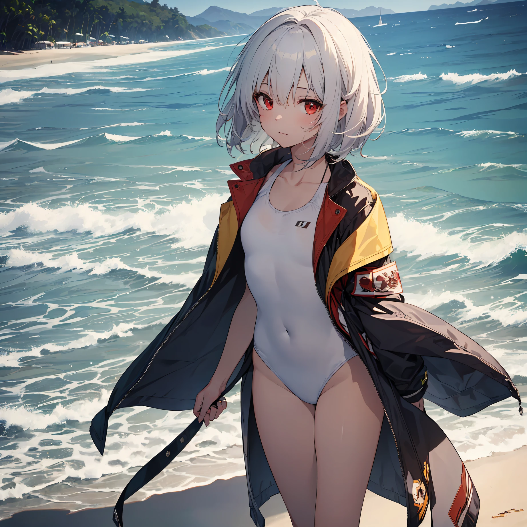 ((top quality,shinkai makoto style, ultra-detailed,high resolution,extremely detailed CG,unity 8k wallpaper,by famous artist,perfect anatomy,super detailed skin,cinematic lighting)),break,(Please draw a picture of a girl in a swimsuit walking on the beach.
:1.3),break, 1girl, kawaii, (solo,Lori face, -yeld:1.5 junior higs, complete fingers, white hair, bob cut, flat chest, Small butt, Beautiful detailed red eyes, groin, wet, Shiny skin, cowboy shot, swimsuit, break, (Detailed Lighting), (Detailed background),(in the beach),