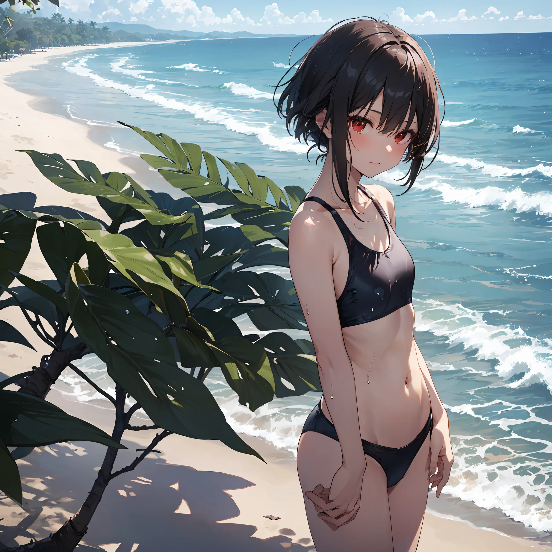 ((top quality,shinkai makoto style, ultra-detailed,high resolution,extremely detailed CG,unity 8k wallpaper,by famous artist,perfect anatomy,super detailed skin,cinematic lighting)),break,(Please draw a picture of a girl in a swimsuit walking on the beach.
:1.3),break, 1girl, kawaii, (solo,Lori face, -yeld:1.5 junior higs, complete fingers, white hair, bob cut, flat chest, Small butt, Beautiful detailed red eyes, groin, wet, Shiny skin, cowboy shot, swimsuit, break, (Detailed Lighting), (Detailed background),(in the beach),