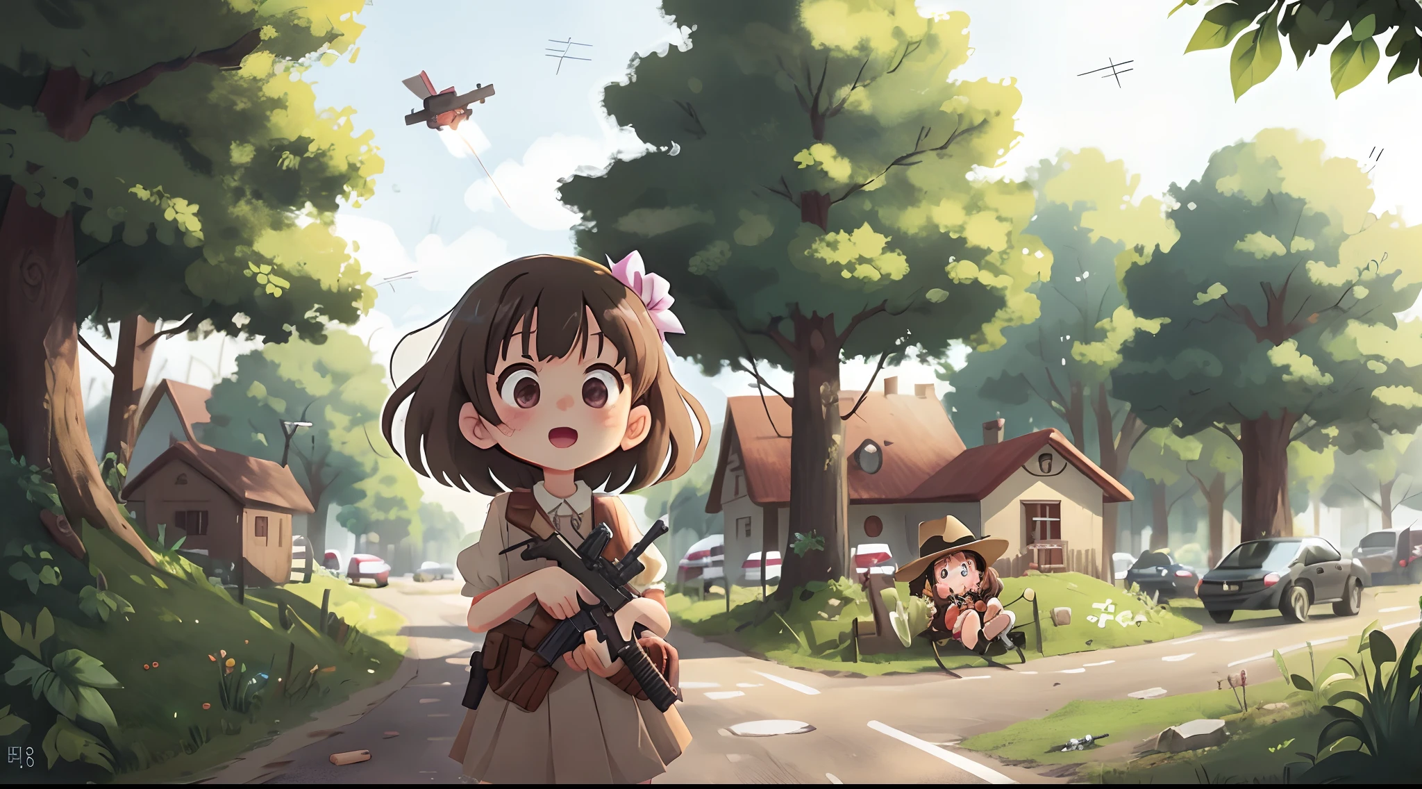 Anime girl is shot by bullet. Her husband holding her in the middle road