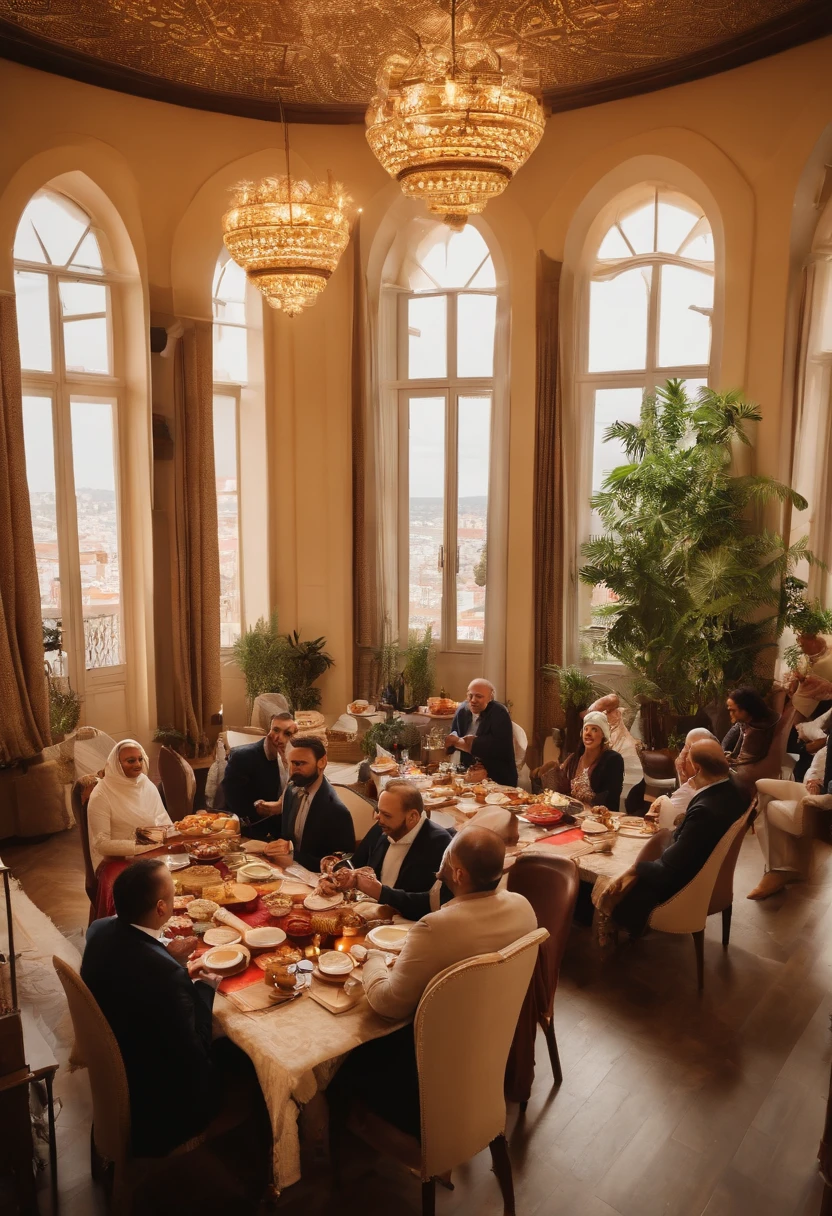 (best quality,4k,highres,masterpiece:1.2), a group of people talking happily in a meeting room, diverse regions of Turkey, warm atmosphere, energetic conversation, cultural diversity, traditional attires, ethnic patterns, beautiful smiles, joyful expressions, dynamic interactions, vibrant energy, lively atmosphere, engaging discussions, friendly atmosphere, cross-cultural exchange, excitement, harmony, inclusivity, unity, cooperation, positive vibes, open-mindedness, intellectual stimulation, productive dialogue, stimulating ideas, mutual respect, cultural appreciation, rich heritage, traditional music playing softly in the background, aromatic Turkish tea, delicious Turkish delights, tastefully decorated room, comfortable seating, bright and spacious surroundings, large windows with natural light, modern meeting facilities, well-organized event, professional setting, inspiring atmosphere, enthusiasm, motivation, active participation, inspiring stories, exchange of knowledge, deep connections, shared experiences.