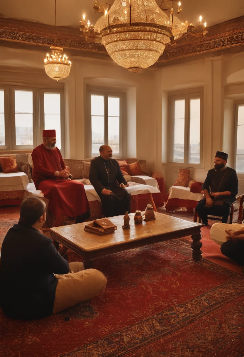 (best quality,4k,highres,masterpiece:1.2), a group of people talking happily in a meeting room, diverse regions of Turkey, warm atmosphere, energetic conversation, cultural diversity, traditional attires, ethnic patterns, beautiful smiles, joyful expressions, dynamic interactions, vibrant energy, lively atmosphere, engaging discussions, friendly atmosphere, cross-cultural exchange, excitement, harmony, inclusivity, unity, cooperation, positive vibes, open-mindedness, intellectual stimulation, productive dialogue, stimulating ideas, mutual respect, cultural appreciation, rich heritage, traditional music playing softly in the background, aromatic Turkish tea, delicious Turkish delights, tastefully decorated room, comfortable seating, bright and spacious surroundings, large windows with natural light, modern meeting facilities, well-organized event, professional setting, inspiring atmosphere, enthusiasm, motivation, active participation, inspiring stories, exchange of knowledge, deep connections, shared experiences.