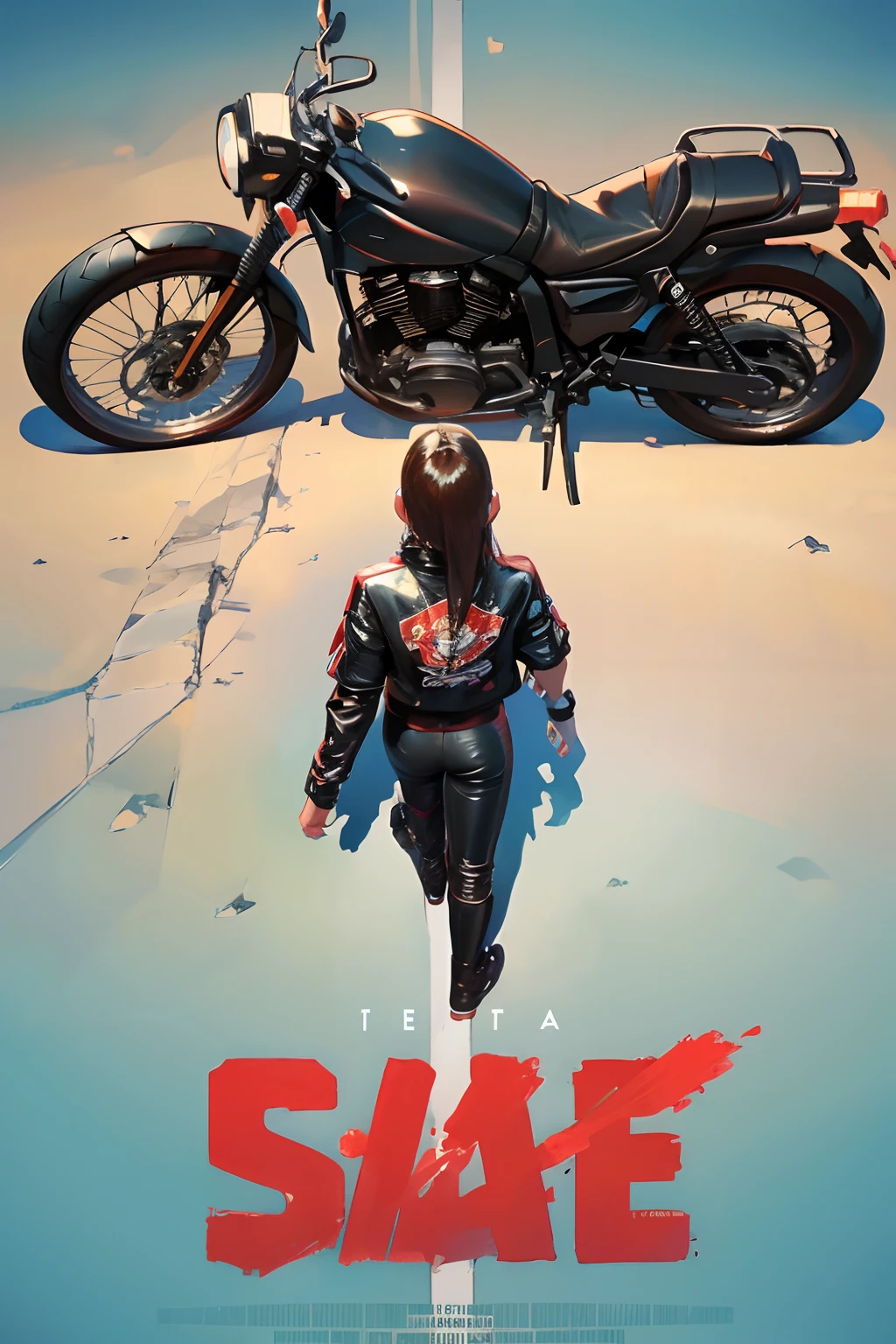 (masterpiece, best quality:1.2), akiraposter, from above, from behind, solo, 1girl, sugar \(nikke\), walking, leather jacket, long sleeves, leather pants, armband, ground vehicle, motorcycle