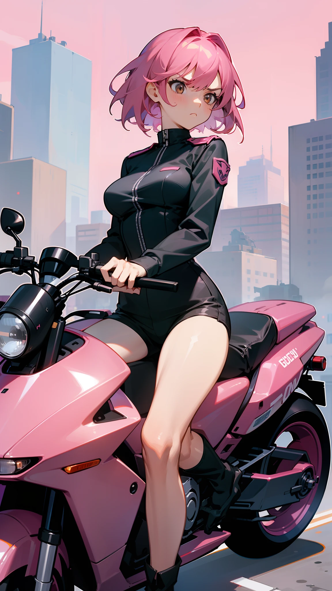 1girl, serious face,medium breasts,black shirt,black shorts,pink hair,medium hair,brown eyes,riding a powerful military-style pink motorcycle,cowboy shot,((city background))