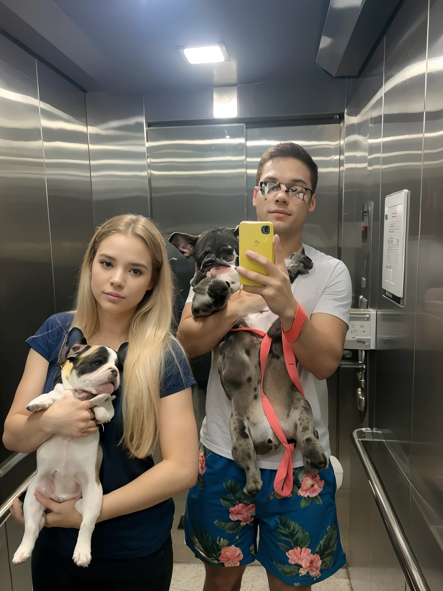 Um casal segurando segurando seus bulldogs
