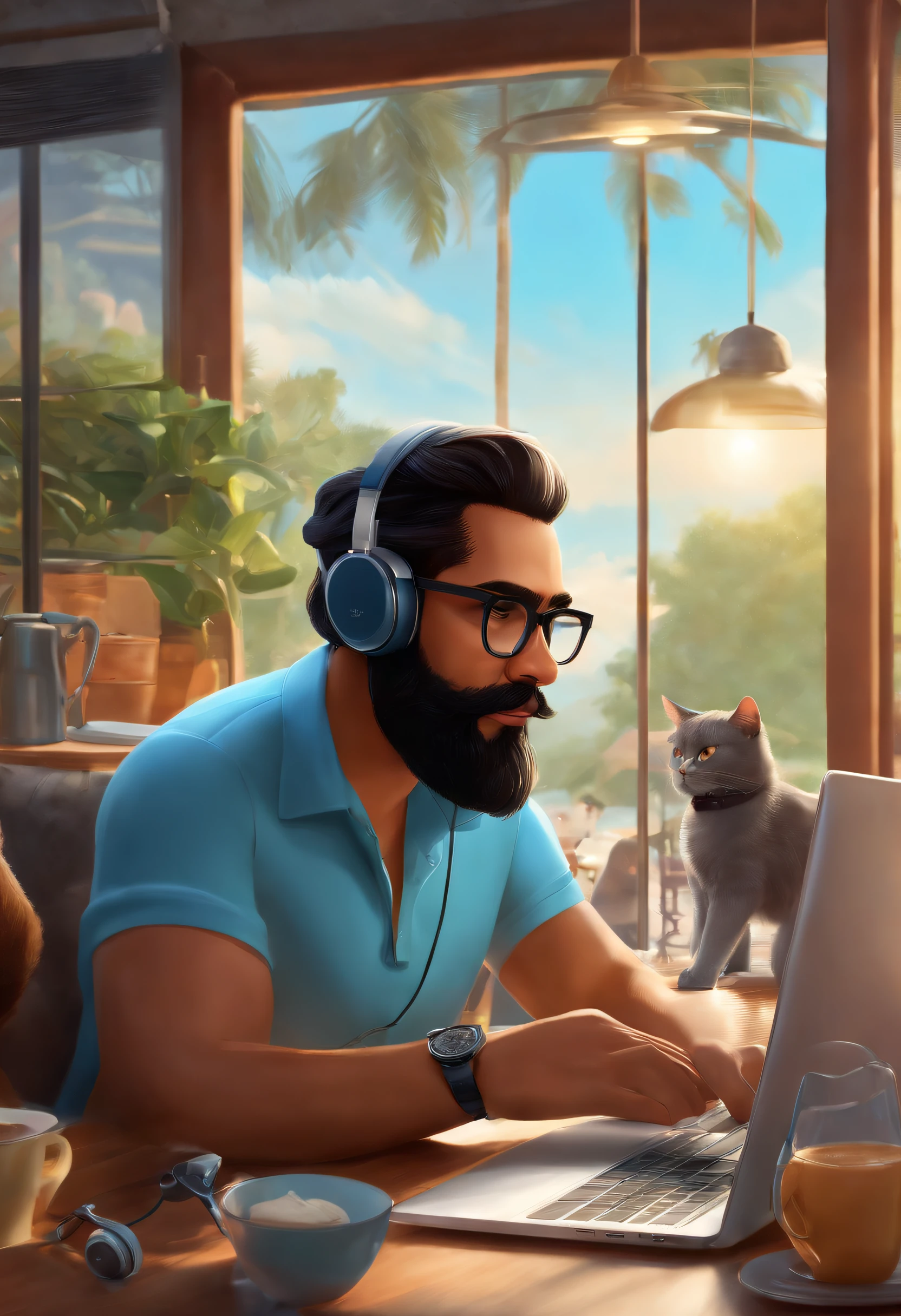 disney pixar poster film titled "Leo", javanese man with full beard, wearing black moscot glasses, light blue polo shirt, cat and dog logo on the shirt, sit in a cafe listening to the music through headset while typing on windows surface laptop