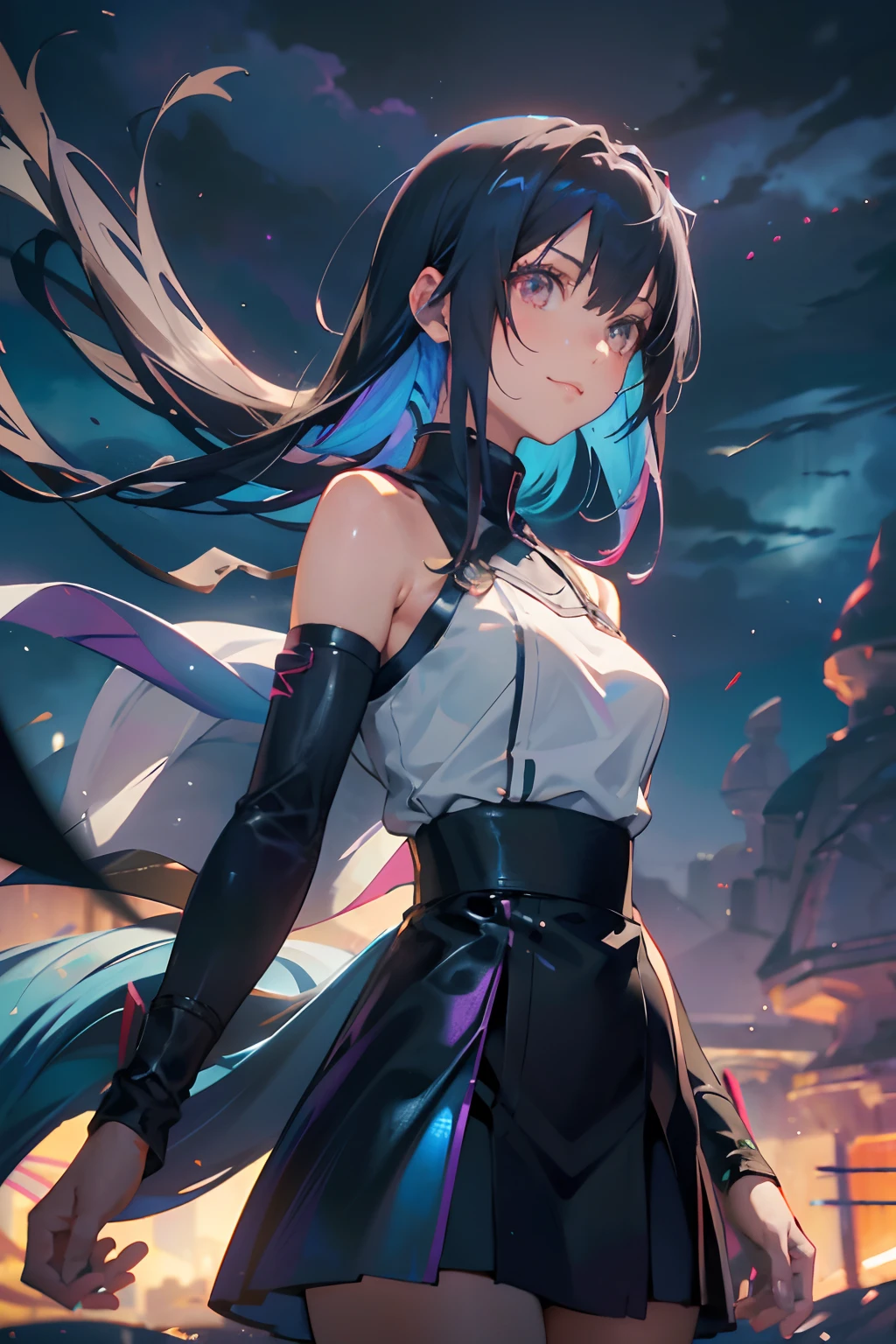 a 20 yo woman、Black blue Hair、Twin-tailed、Big smile、(hi-top fade:1.3)、dark themed、Muted Tones、Subdued Color、highly contrast、(natural skin textures、Hyper-Realism、Soft light、sharp)、 Asuna Yuuki, with two swords, white battle outfit, Sword Art Online Alicezation, red strokes that simulate the character's speed, battle mode, (ultra-realistic), {extremely detailed 8k CG unit wallpaper}, landscape photography expansive, (a centered view that prioritizes the entire character, (wide open field view), (low angle shot), (high light: 1.5), (low light: 1.0), (warm light source: 1.0), complex details, (iridescent colors: 1.5), (bright lighting), (atmospheric lighting), Sword Art Online, dreamy, anime