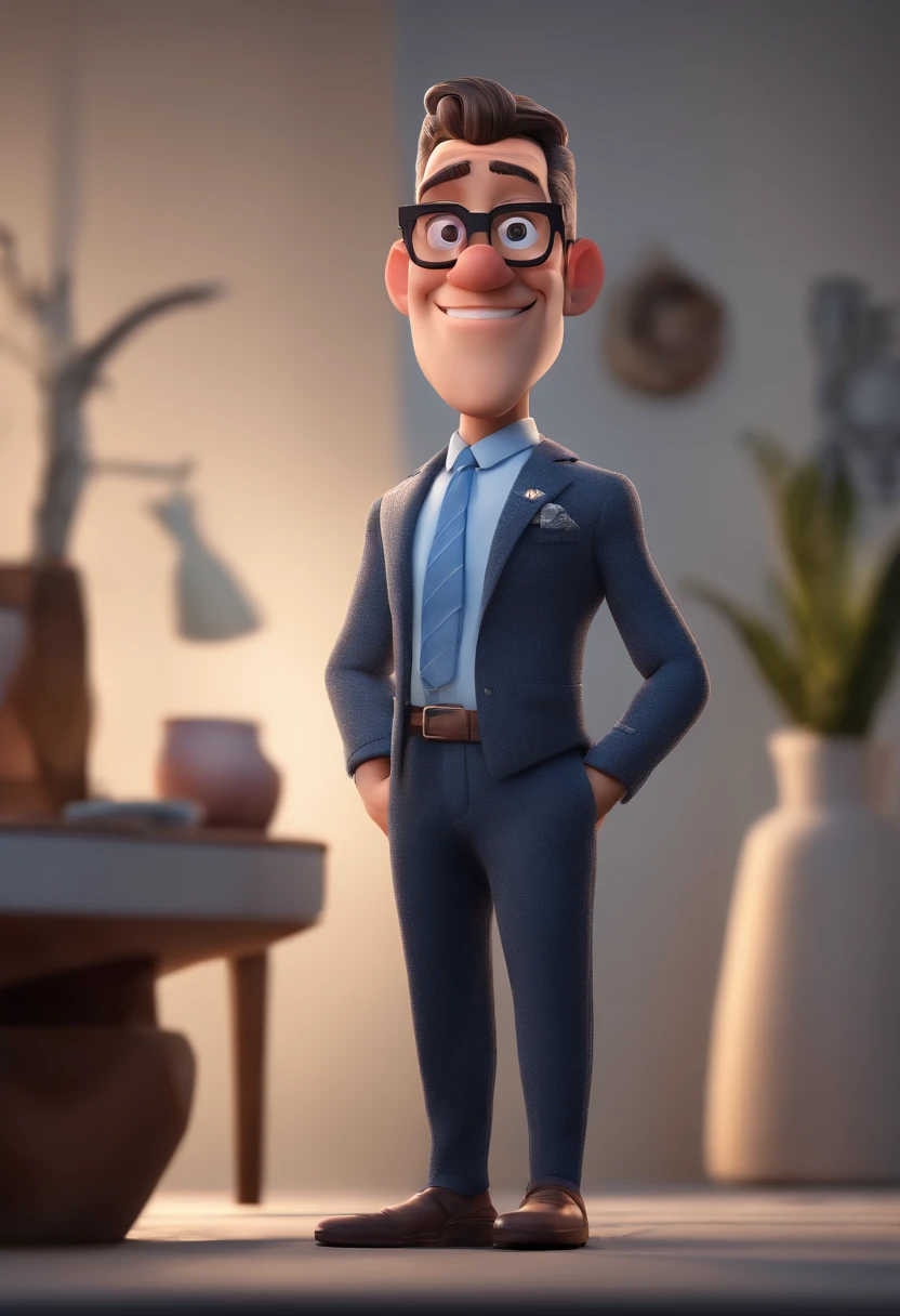 Cartoon character of a man with black glasses and a blue shirt, animation character, Caractere estilizado, animation style rendering, 3D estilizado, Arnold Maya render, 3 d render stylized, toon render keyshot, Personagem 3D, Personagem 3D, 3d rendering stylized, 3 d character render, personagem de desenho animado, Personagem de close up, Pose de personagem,  (Estilo Pixar) (master part:1.2) (Bokeh) (best quality) (pele detalhada) (textura detalhada) (8k) (argila) (Cinematic lighting) (foco nítido