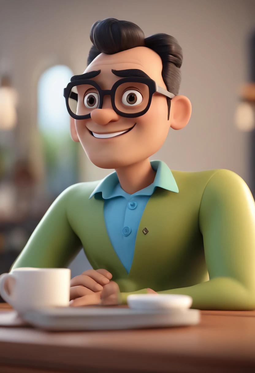 Cartoon character of a man with black glasses and a blue shirt, animation character, Caractere estilizado, animation style rendering, 3D estilizado, Arnold Maya render, 3 d render stylized, toon render keyshot, Personagem 3D, Personagem 3D, 3d rendering stylized, 3 d character render, personagem de desenho animado, Personagem de close up, Pose de personagem,  (Estilo Pixar) (master part:1.2) (Bokeh) (best quality) (pele detalhada) (textura detalhada) (8k) (argila) (Cinematic lighting) (foco nítido