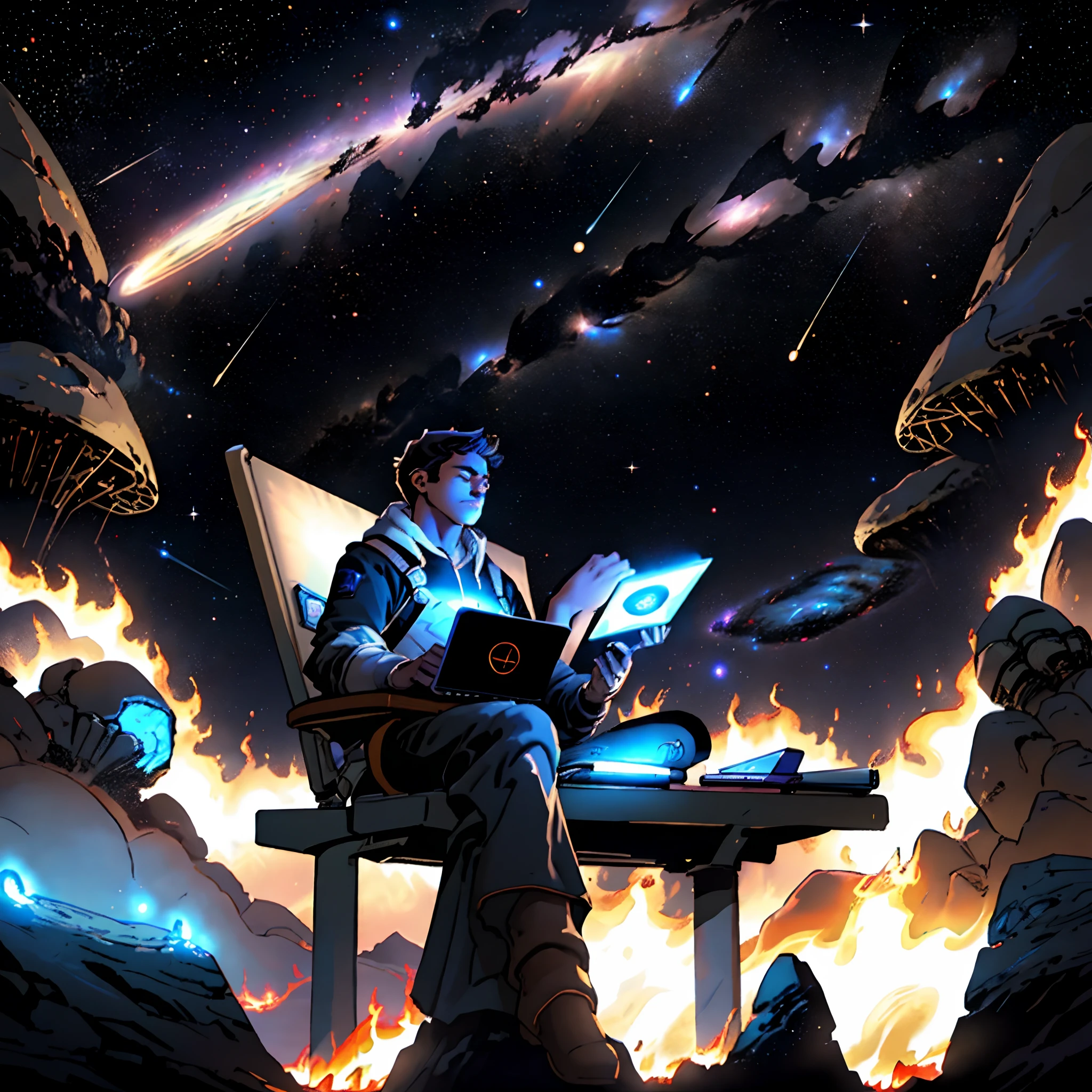 Draw a young programmer sitting on a research platform floating in the middle of an asteroid belt. He's studying with a laptop, surrounded by several asteroids glowing with auras of fire. The dramatic illumination of distant stars and planets illuminates the scene, casting deep shadows on the costume. O jovem parece confiante e determinado, looking at the vast and mysterious universe with wonder and respect, musculoso , tiro de cowboy,