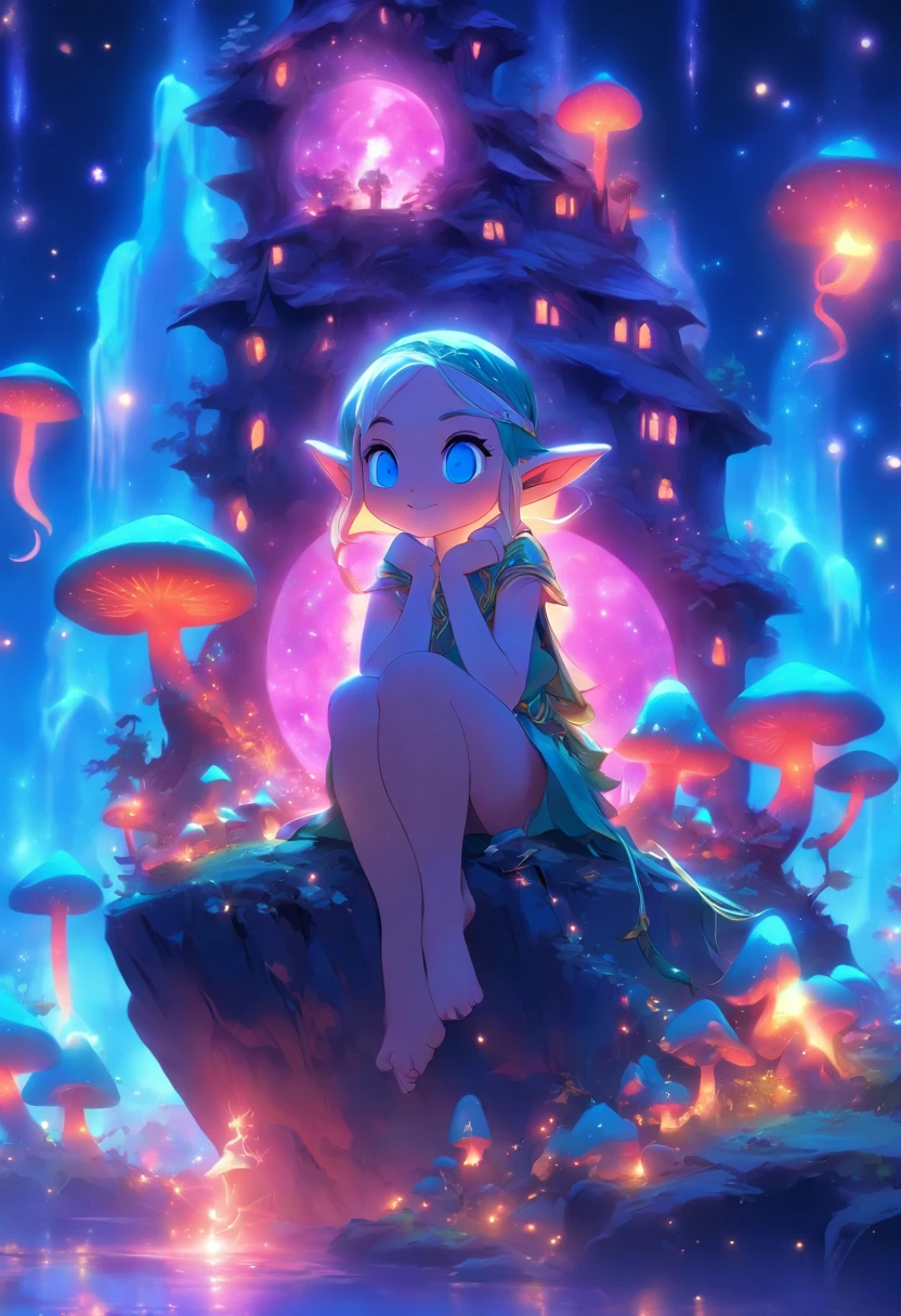 Fantasy elven world,The moon floats high at night,Galaxies are floating high,Meteors flew,Cute elven mushroom house,ighly detailed,trending,Brightly colored young elven woman sitting on a stone
