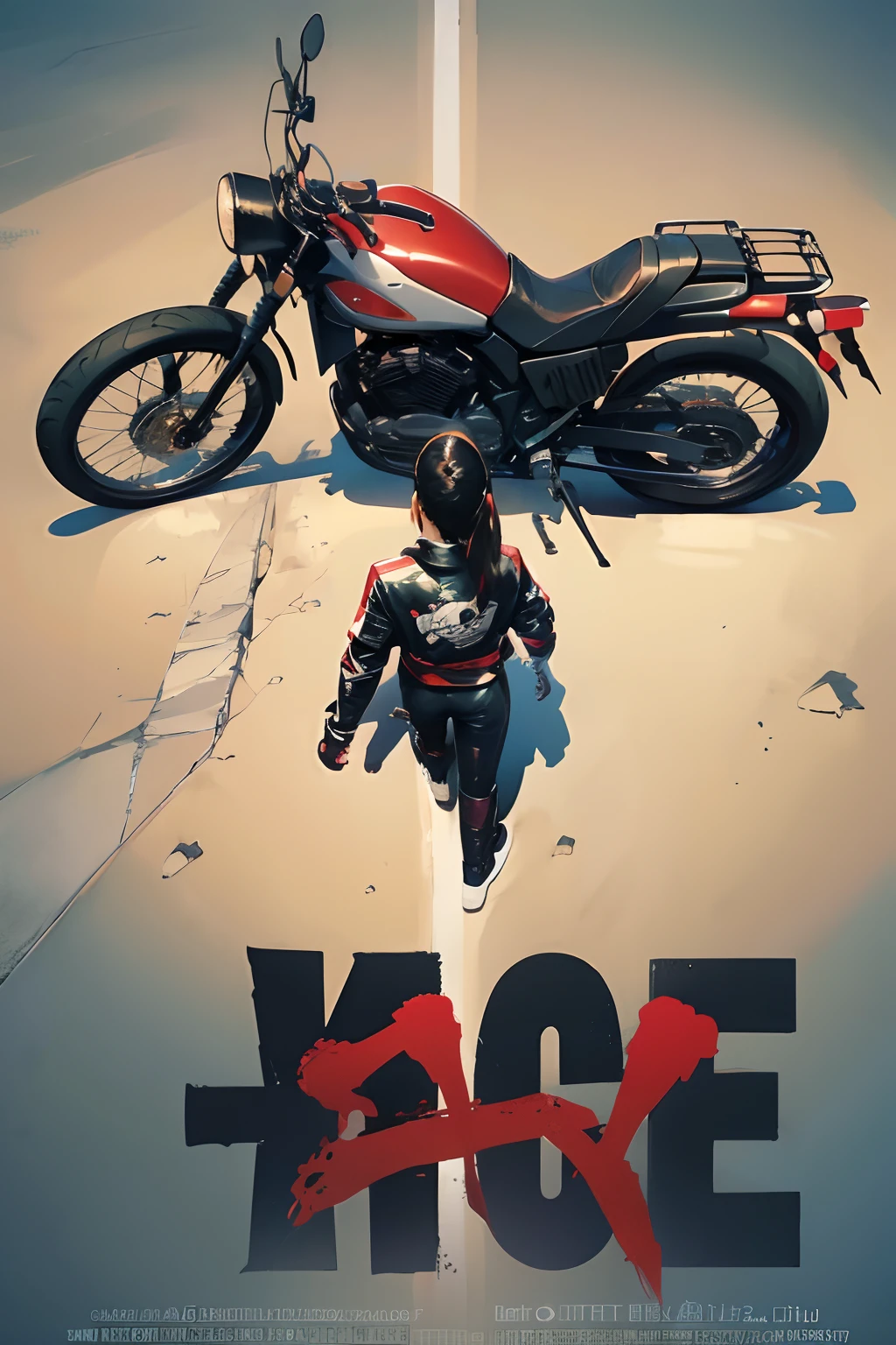 (masterpiece, best quality:1.2), akiraposter, from above, from behind, solo, 1girl, sugar \(nikke\), walking, leather jacket, long sleeves, leather pants, armband, ground vehicle, motorcycle