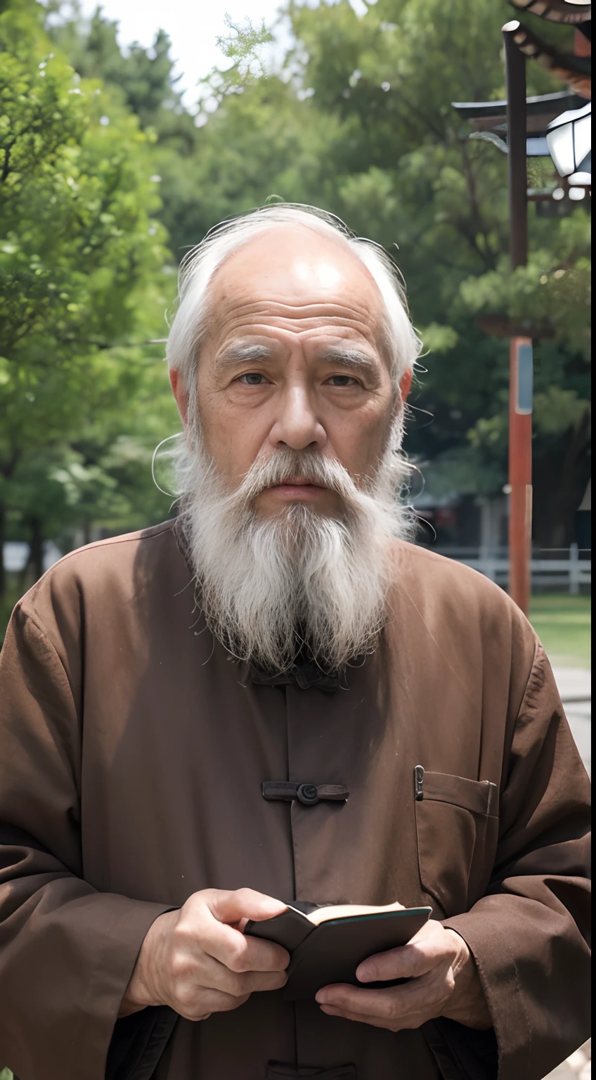 An old man with traditional Chinese thinking，Real frontal photos，Authentic background，The background is nature，Holding a book，worn-out clothing，Face full of wrinkles，80-year-old man，Wise eyes，The beard is white，male people，country style
